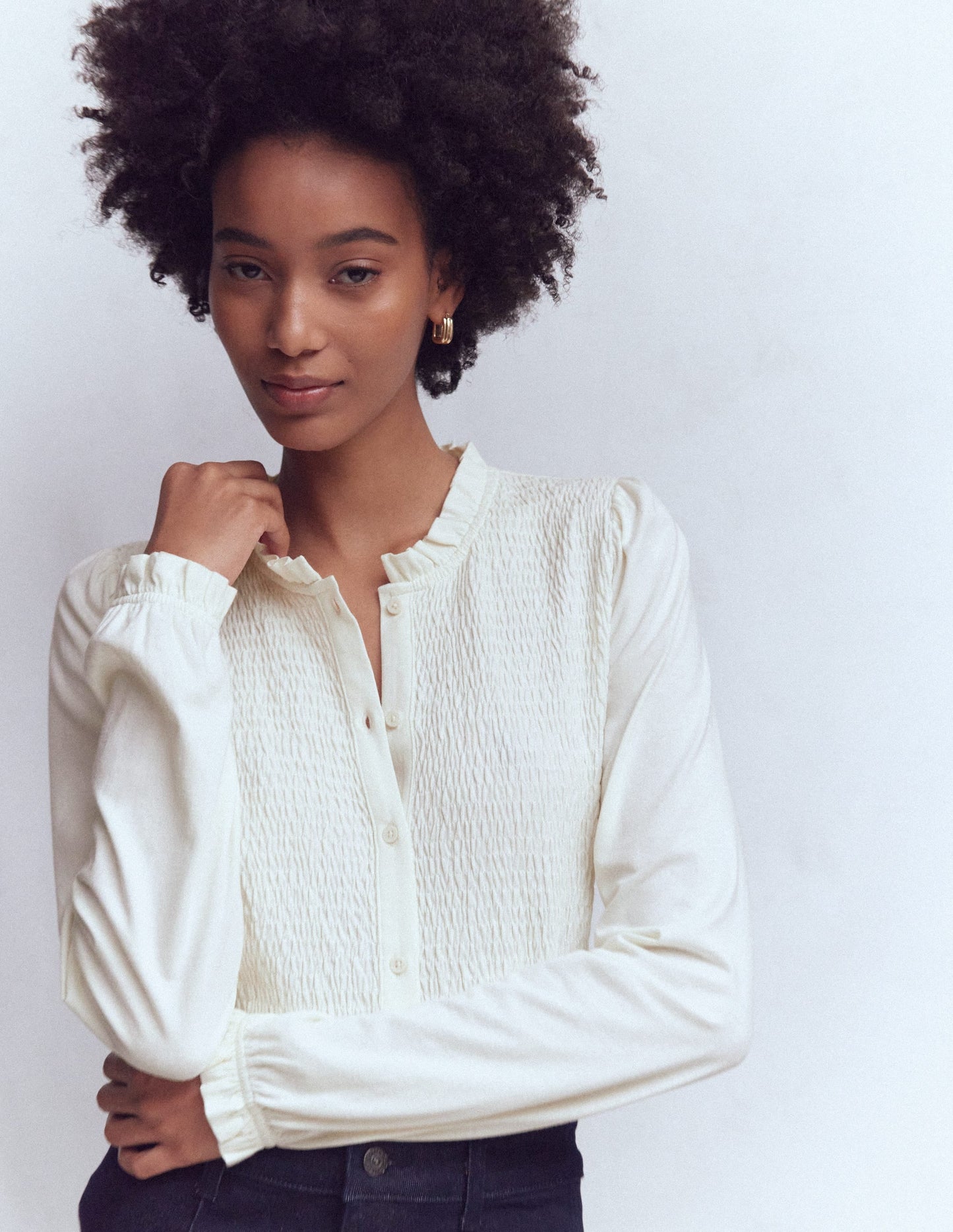 Supersoft Smocked button top-Ivory