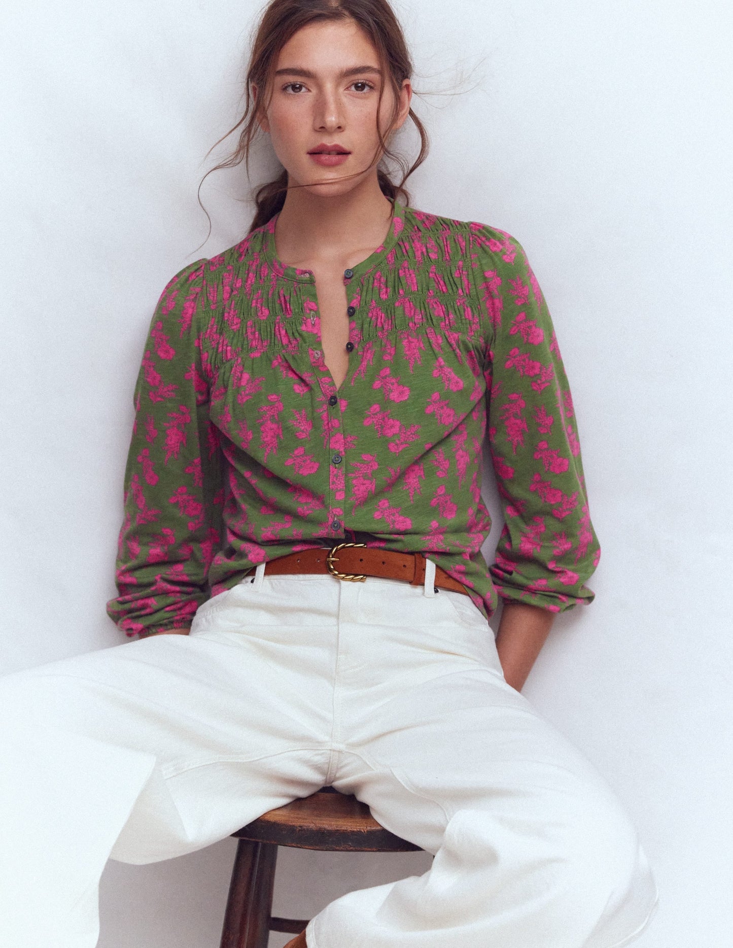 Mya Smocked Jersey Shirt-Blossomy Sprig