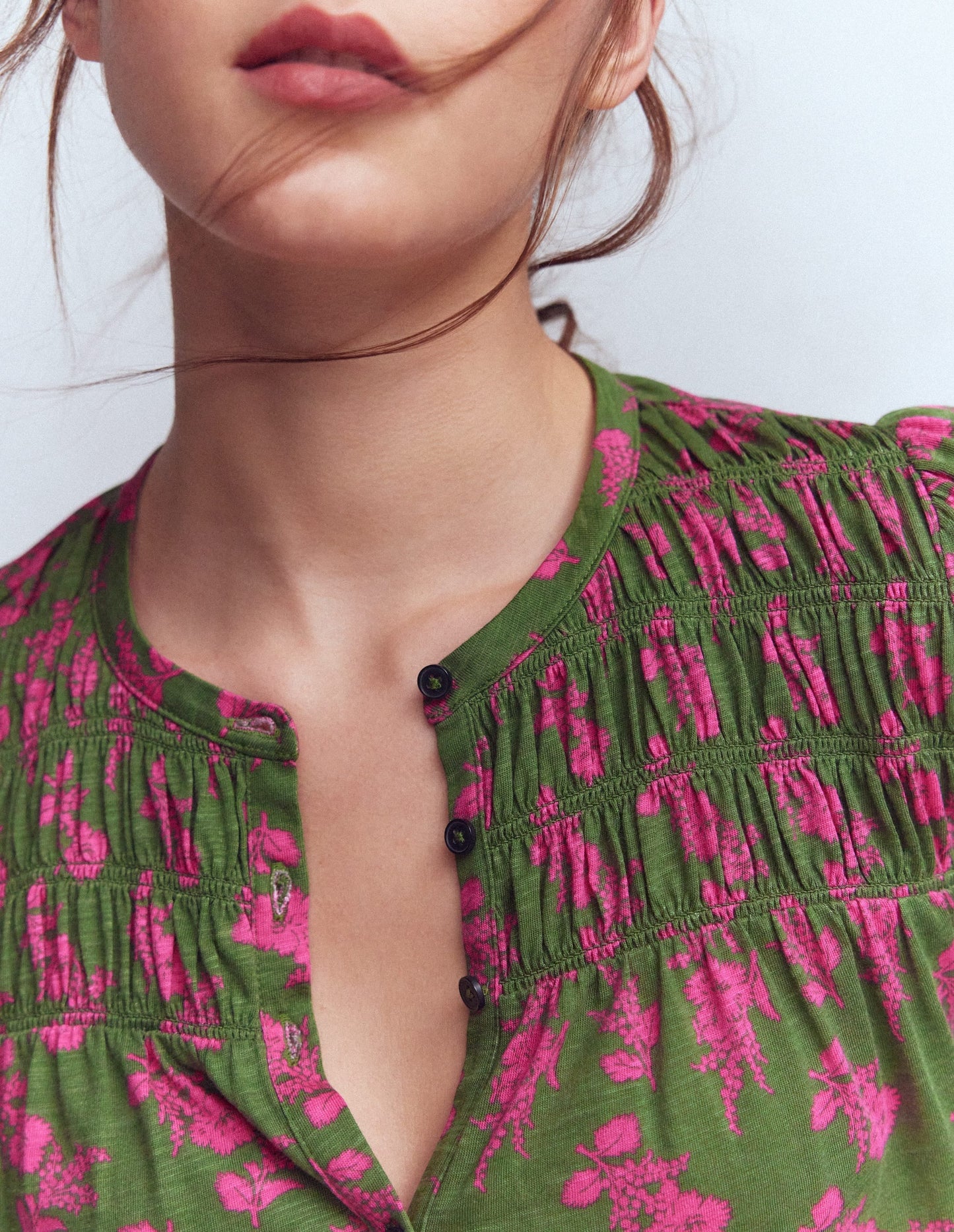 Mya Smocked Jersey Shirt-Blossomy Sprig