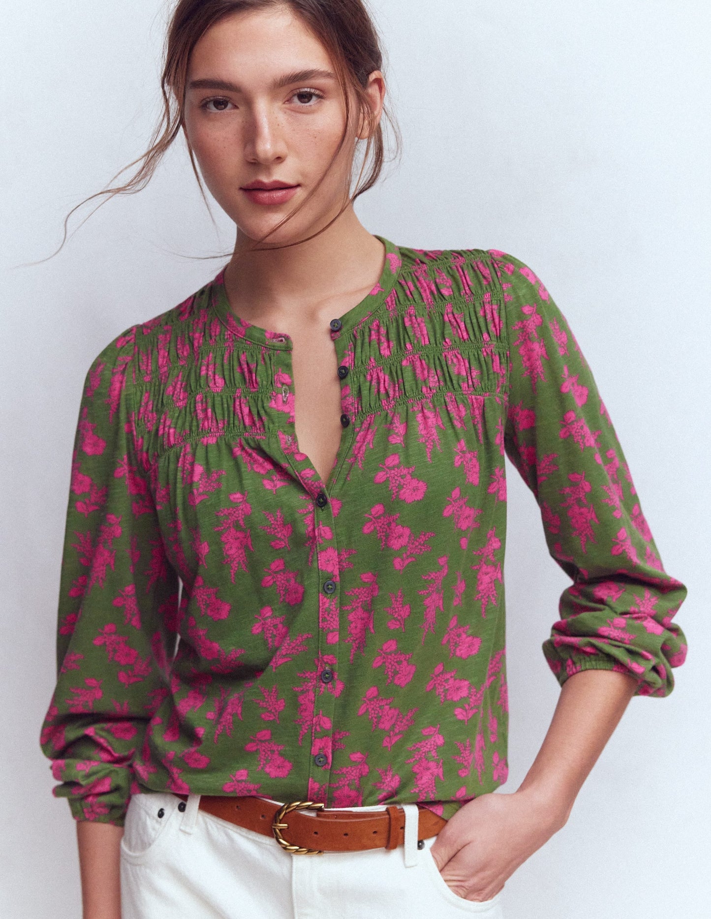 Mya Smocked Jersey Shirt-Blossomy Sprig