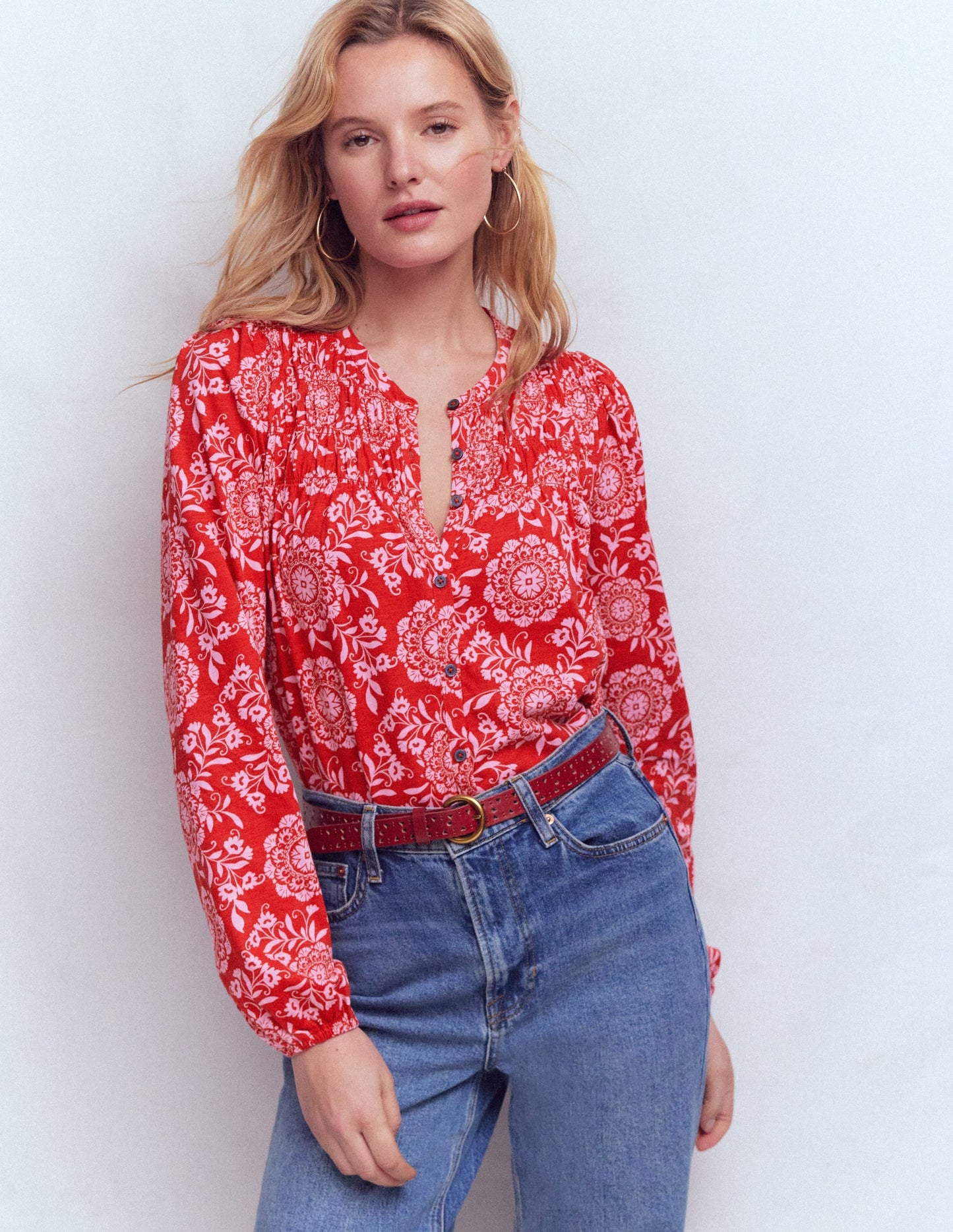 Mya Smocked Jersey Shirt-Salsa, Decorative Blossom