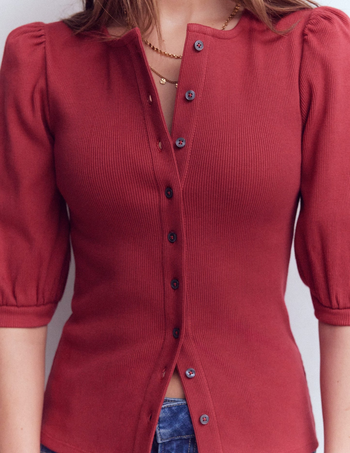 Evie Ribbed Puff Sleeve Top-Terracotta Red