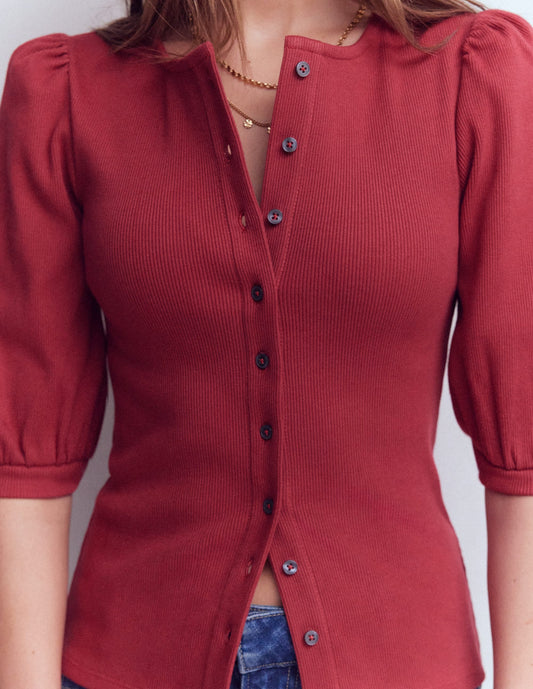Evie Ribbed Puff Sleeve Top-Terracotta Red