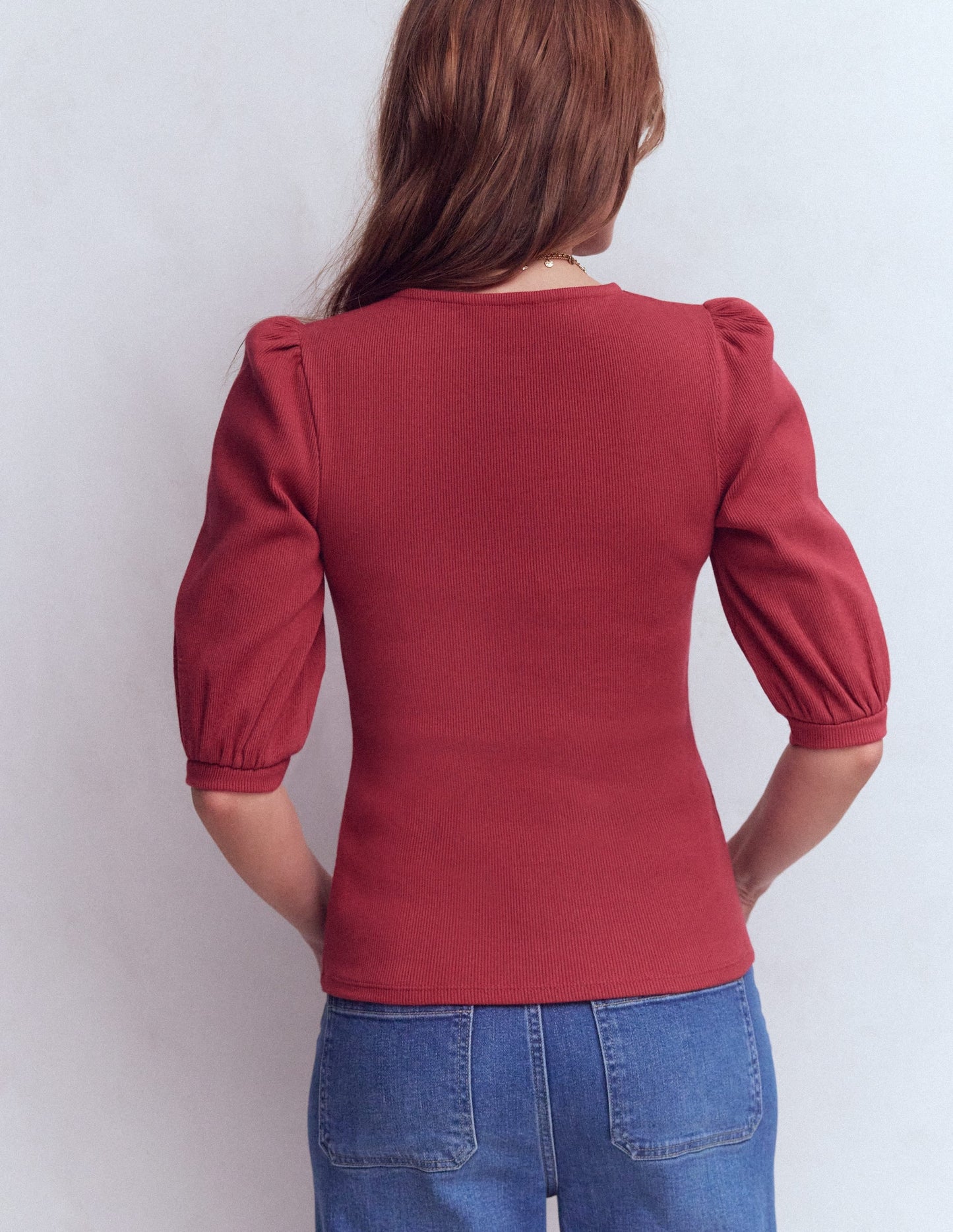 Evie Ribbed Puff Sleeve Top-Terracotta Red