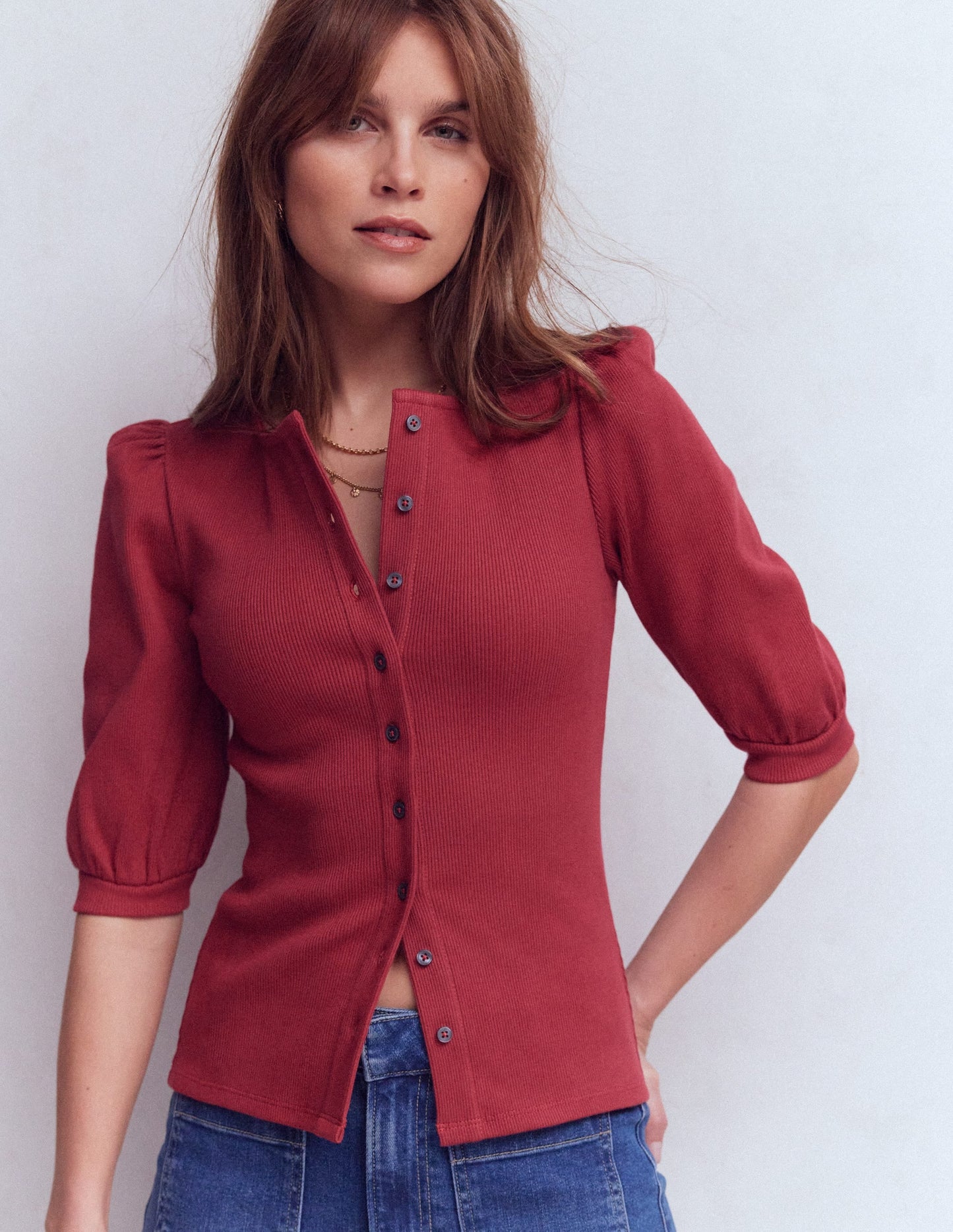 Evie Ribbed Puff Sleeve Top-Terracotta Red