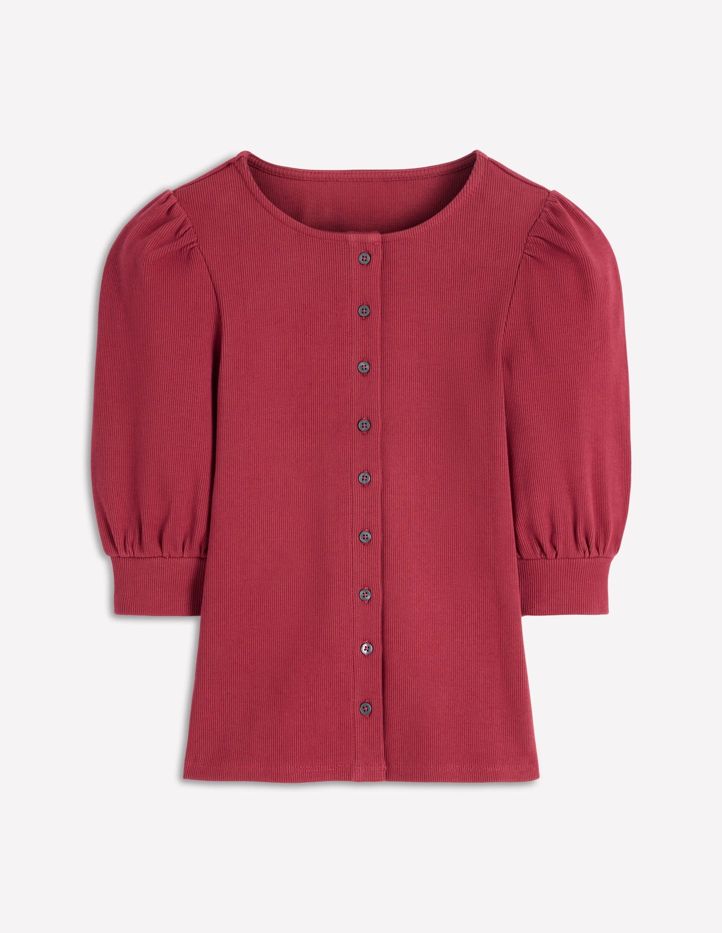 Evie Ribbed Puff Sleeve Top-Terracotta Red