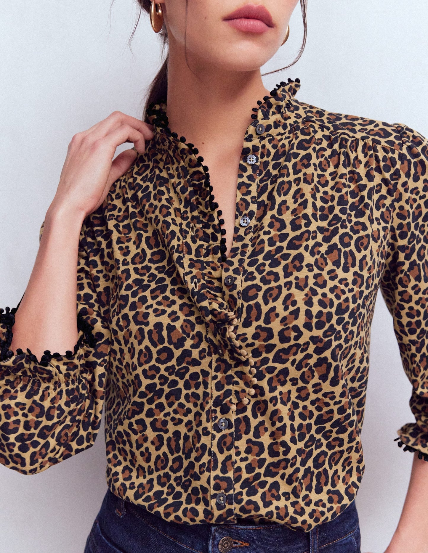 Emily Pom Trim Ruffle Shirt-Cheetah Spot