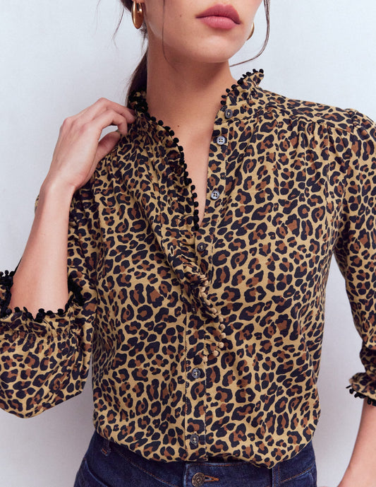 Emily Pom Trim Ruffle Shirt-Cheetah Spot