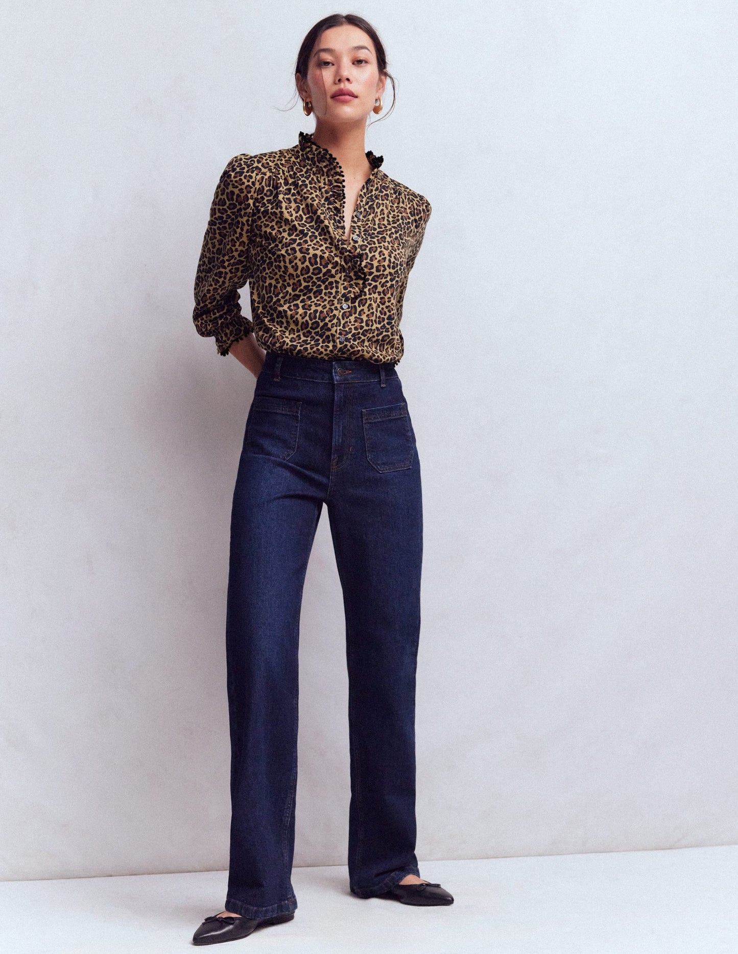 Emily Pom Trim Ruffle Shirt-Cheetah Spot