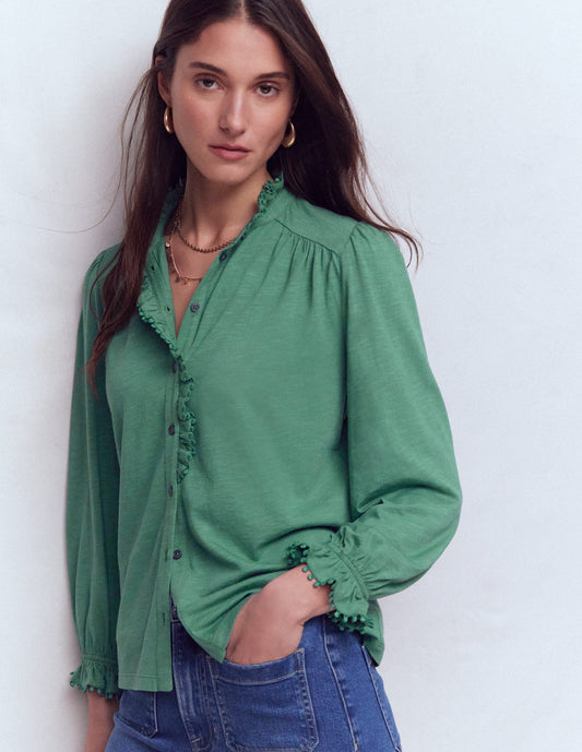 Emily Pom Trim Ruffle Shirt-Deep Jungle