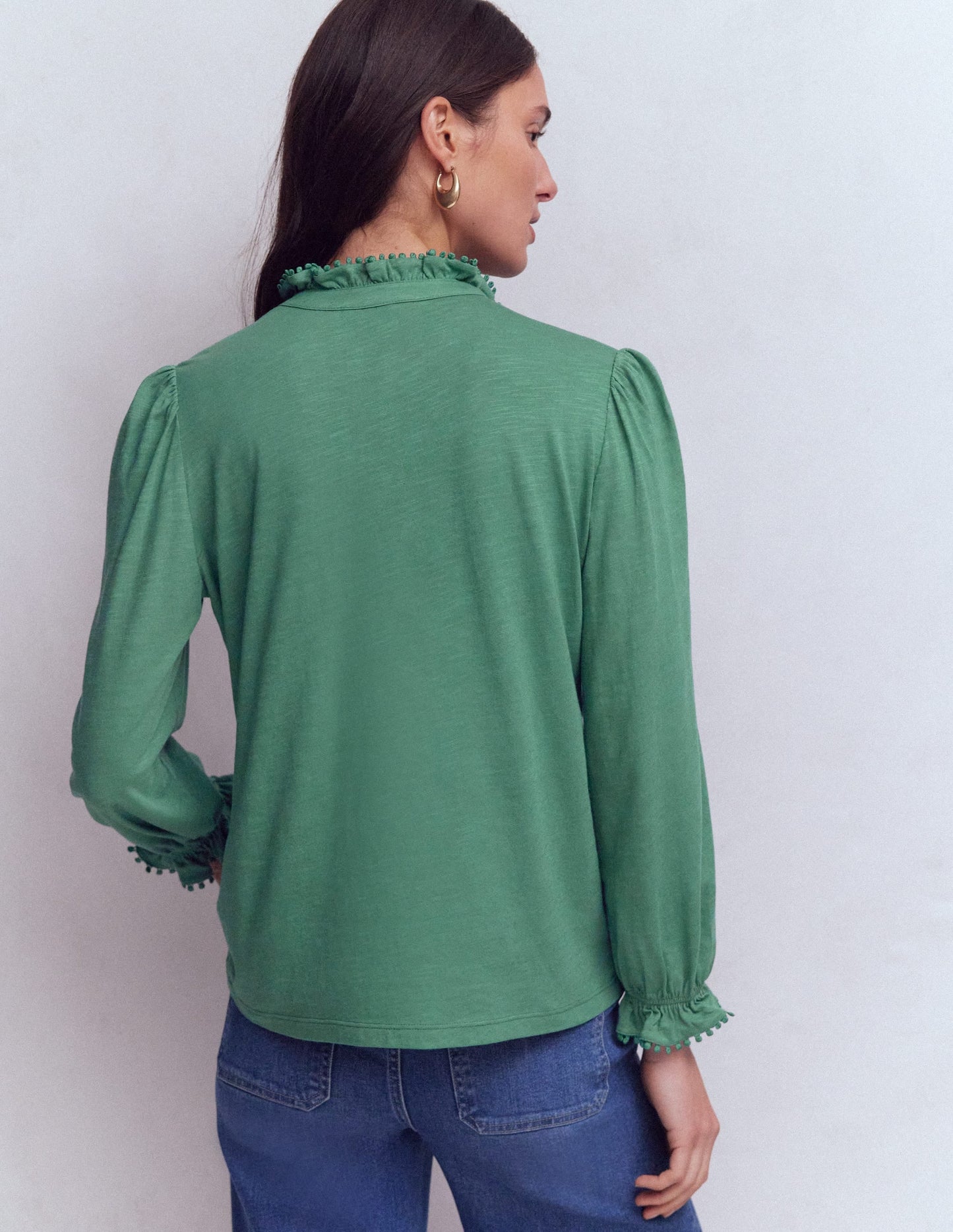 Emily Pom Trim Ruffle Shirt-Deep Jungle