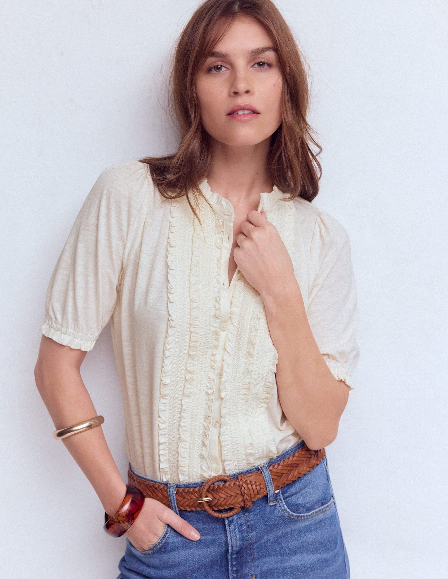 Eda Ruffle Front Shirt-Ivory