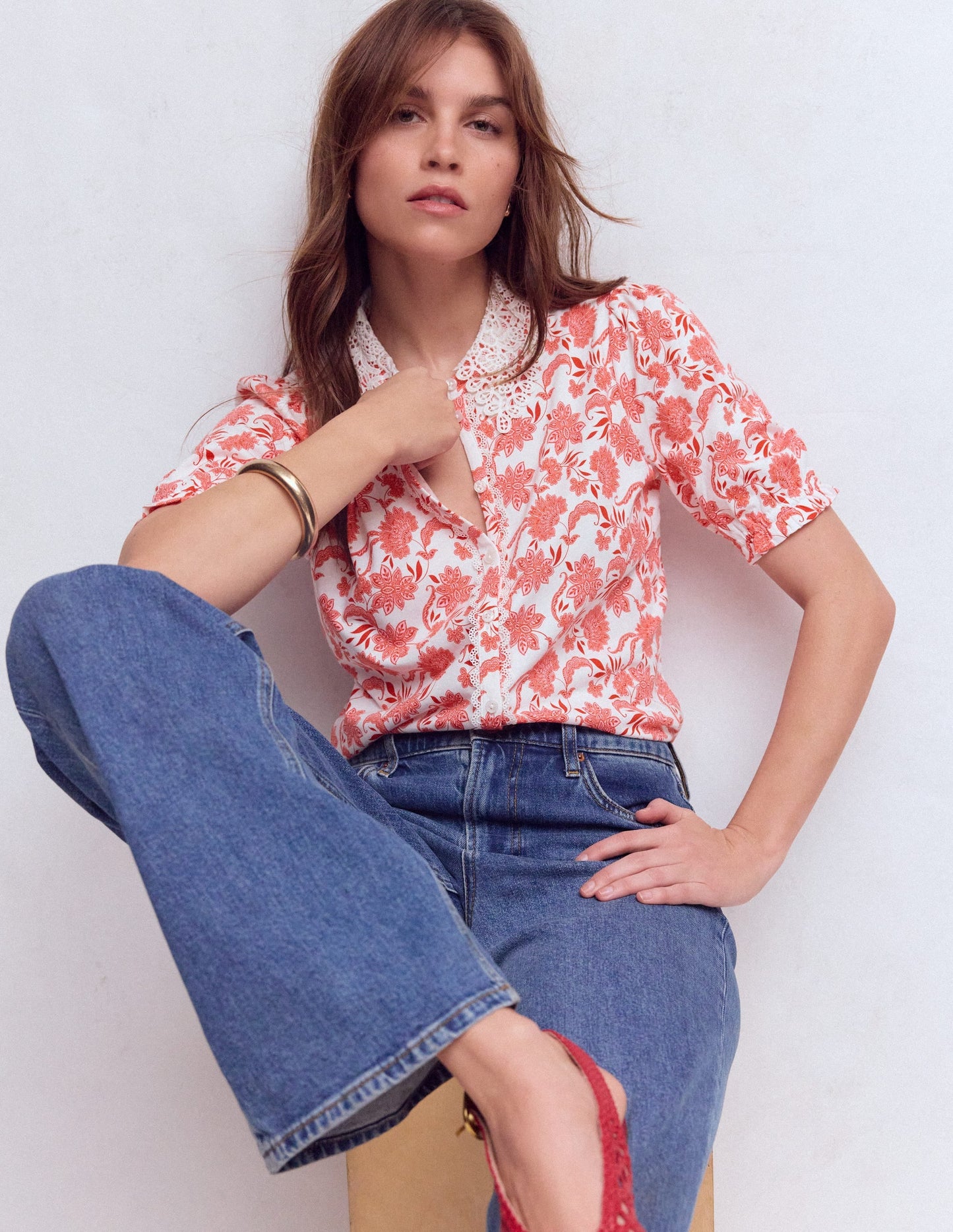 Nessa Broderie Collar Blouse-Pink Floral