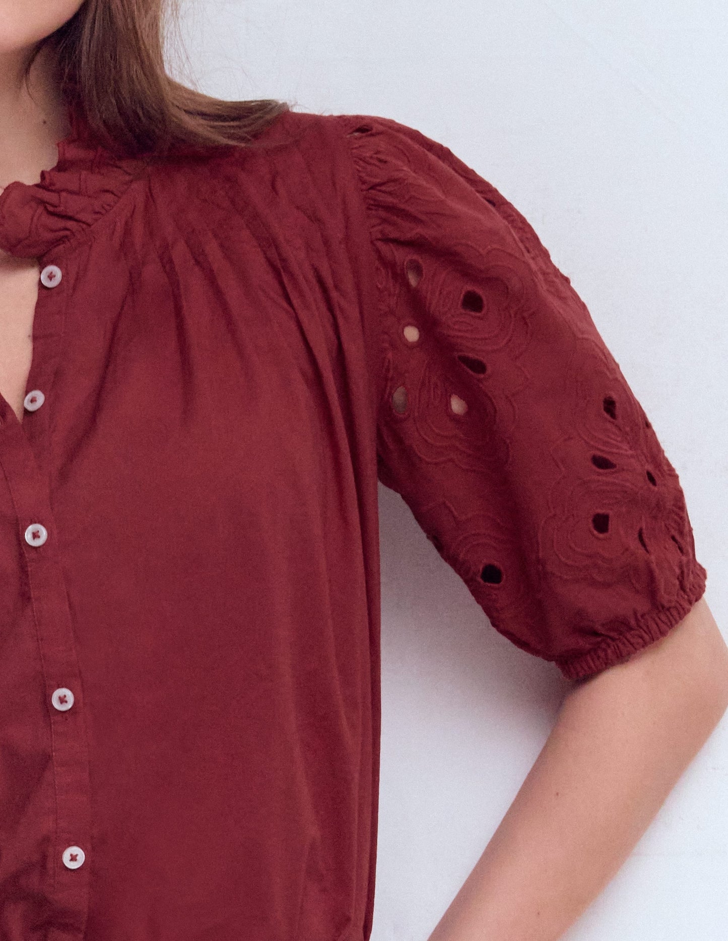 Cutwork Puff Sleeve Top-Russet