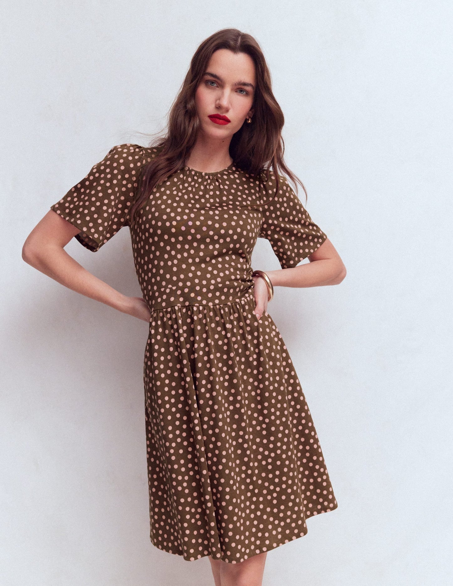 Louisa Short Jersey Dress-Raw Umber, Painted Dot