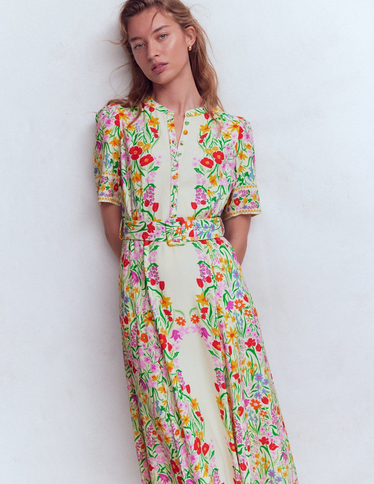 Kate Puff Sleeve Belted Dress-Ivory, Elegant Garden
