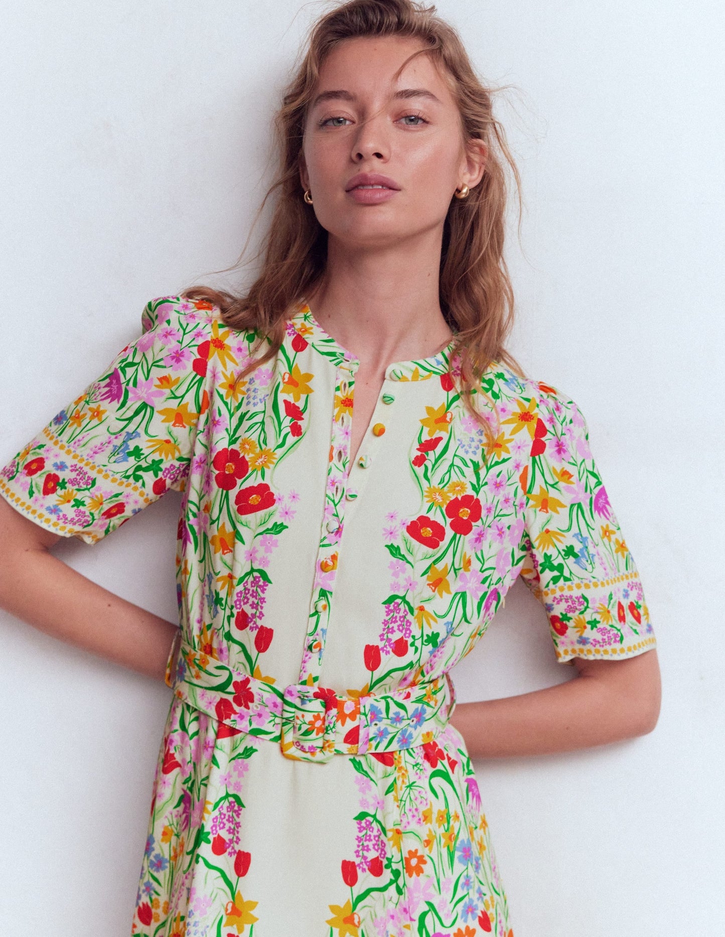 Kate Puff Sleeve Belted Dress-Ivory, Elegant Garden