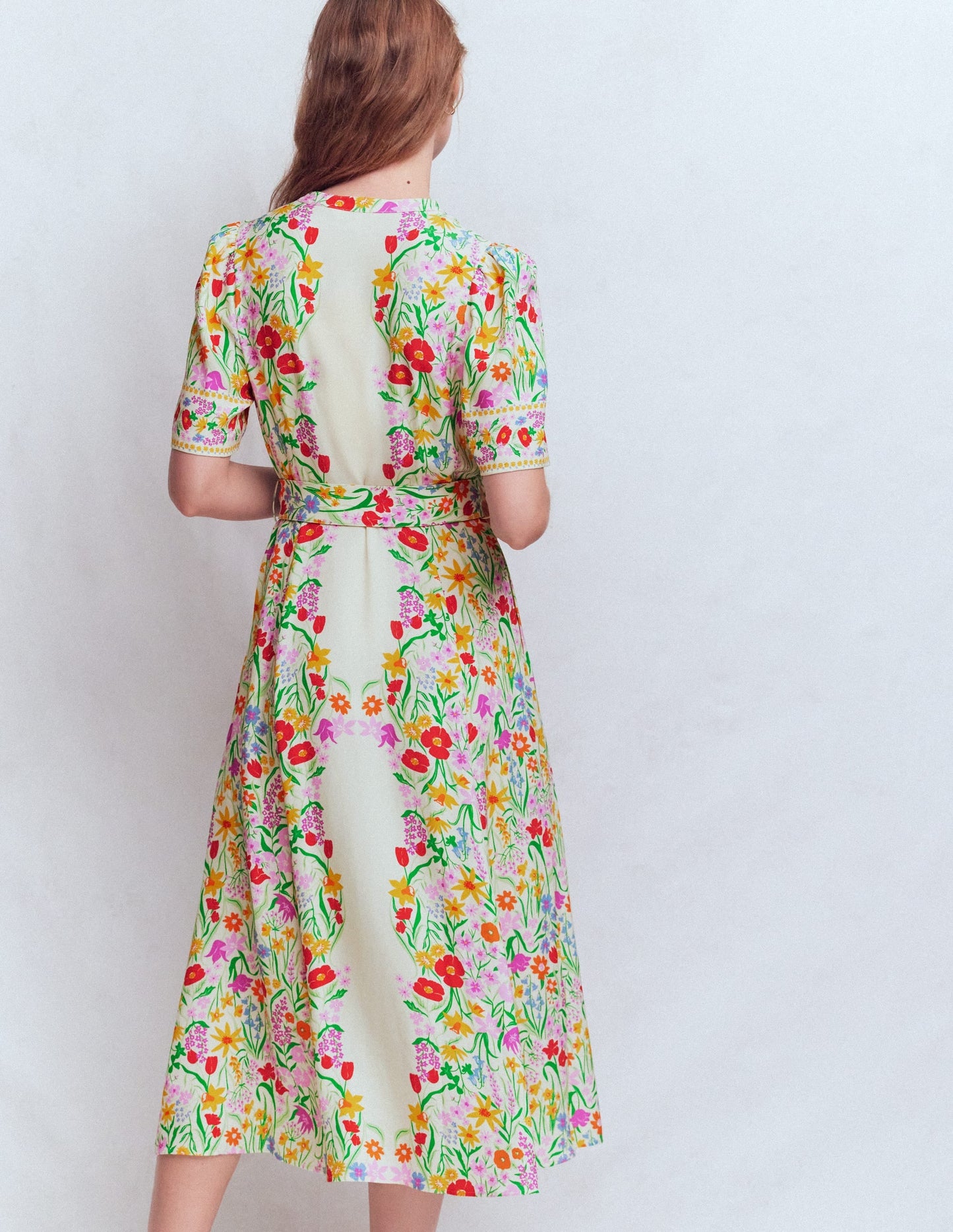Kate Puff Sleeve Belted Dress-Ivory, Elegant Garden