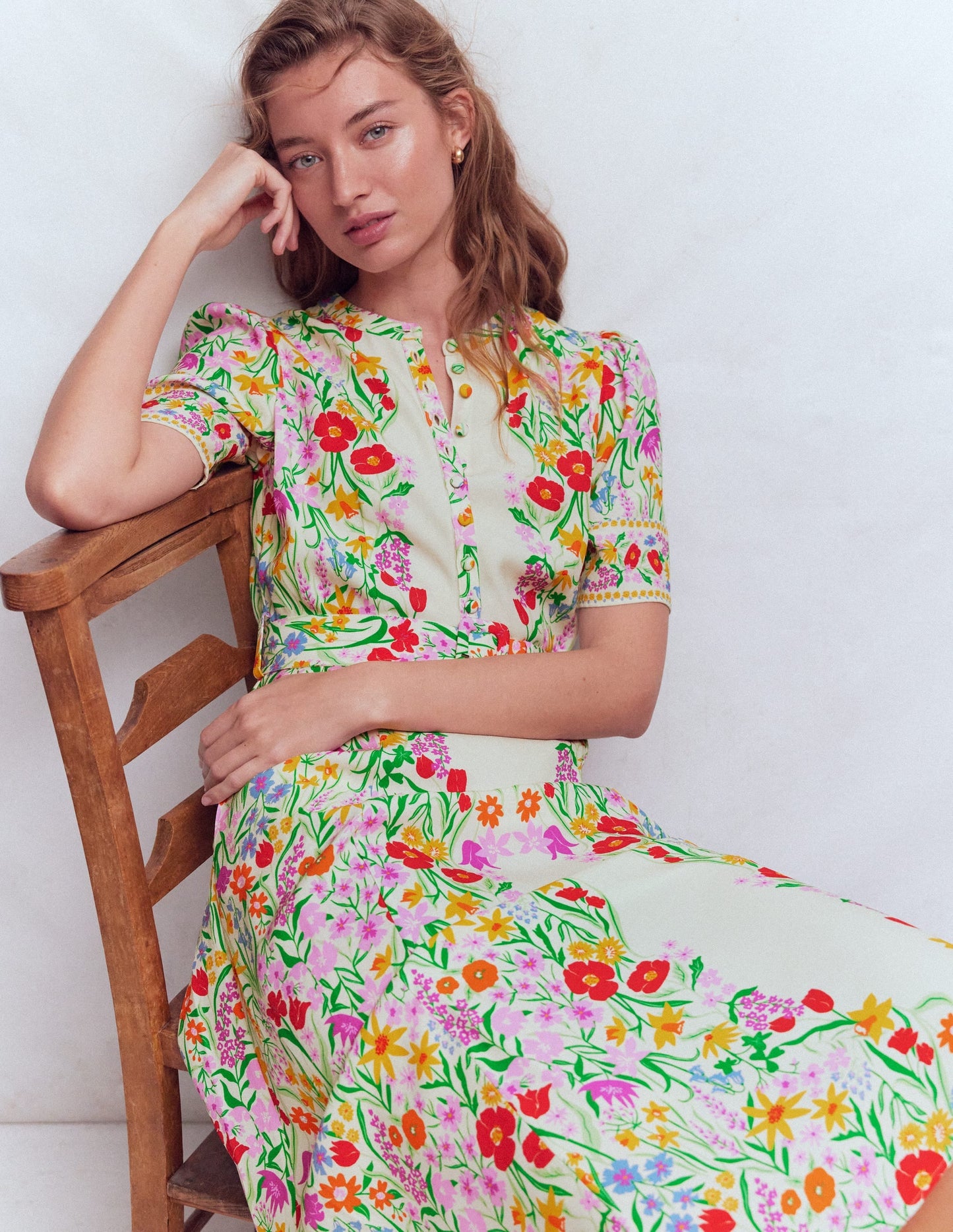 Kate Puff Sleeve Belted Dress-Ivory, Elegant Garden