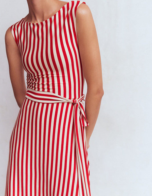 Tamsin Jersey Midi Dress-Merida Red and Ivory Stripe