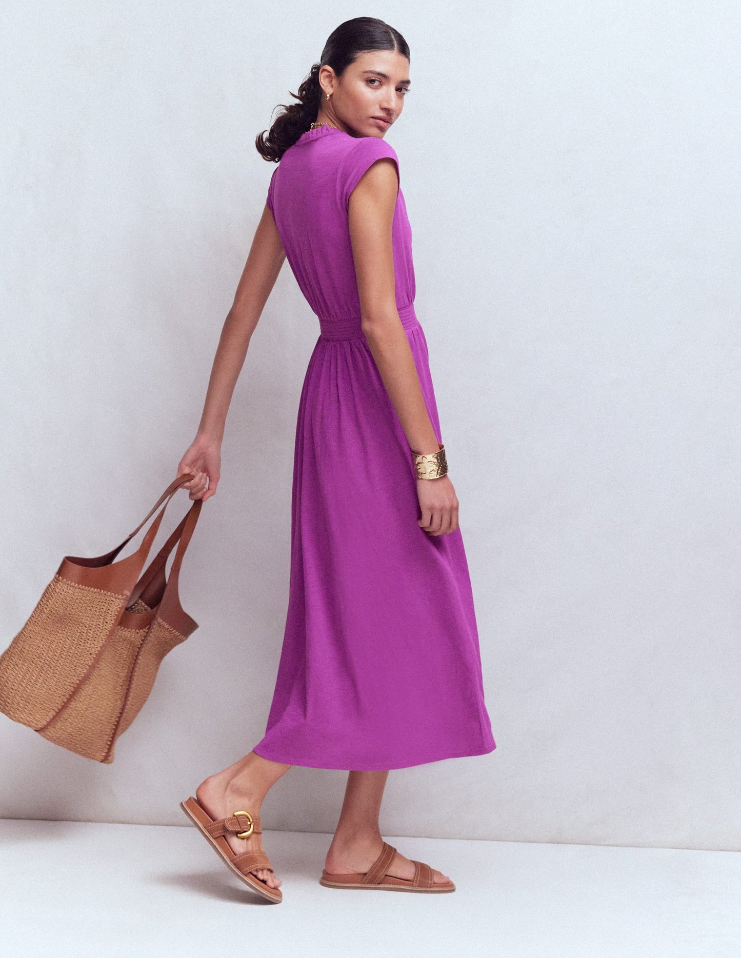 Alba Smocked Jersey Midi Dress-Damson
