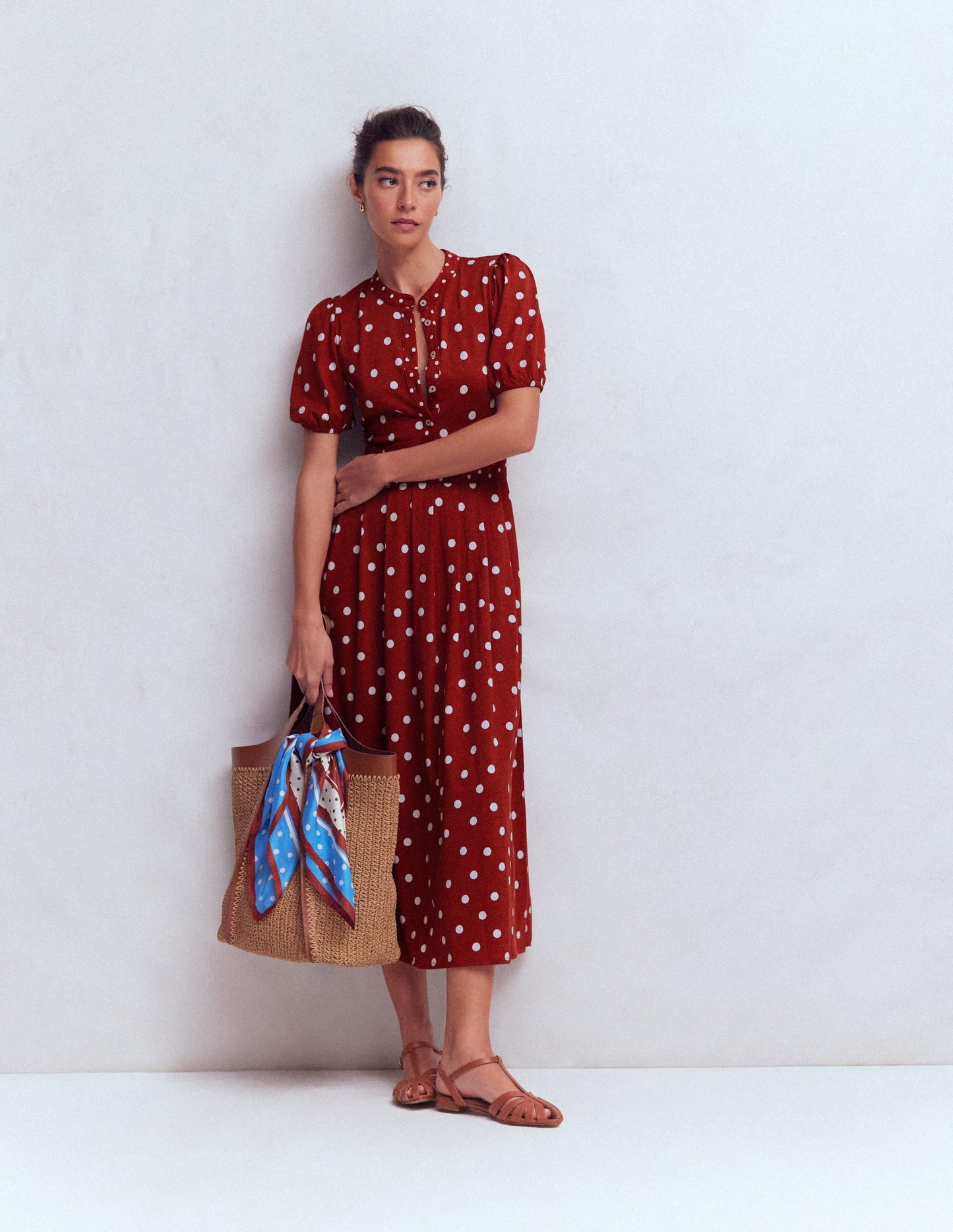 Amber Pleat Jersey Midi Dress-Burnt Orange, Painted Dot