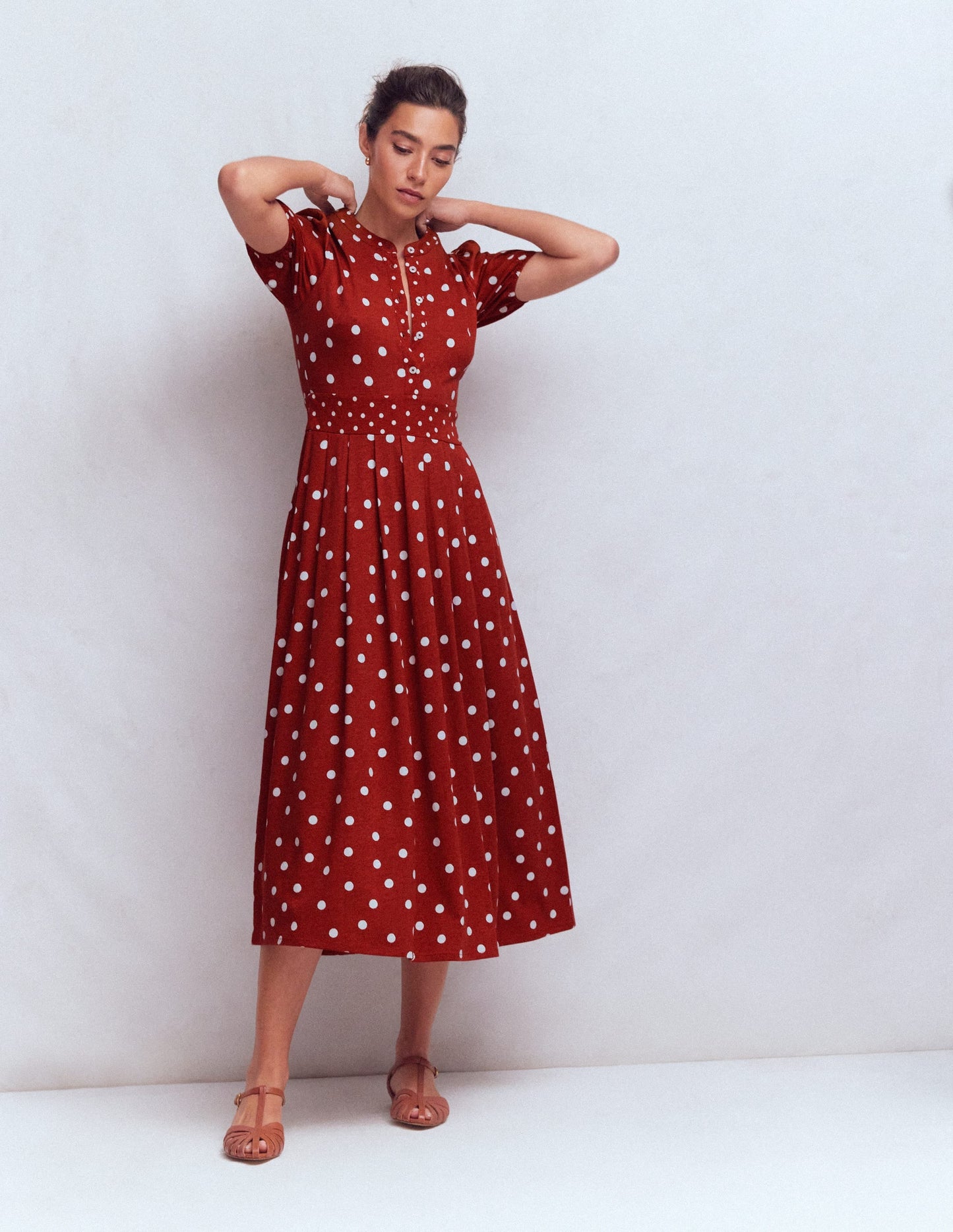 Amber Pleat Jersey Midi Dress-Burnt Orange, Painted Dot