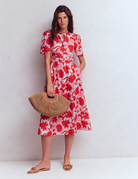 Ivy Button Linen Midi Dress-Red Shadow Blossom