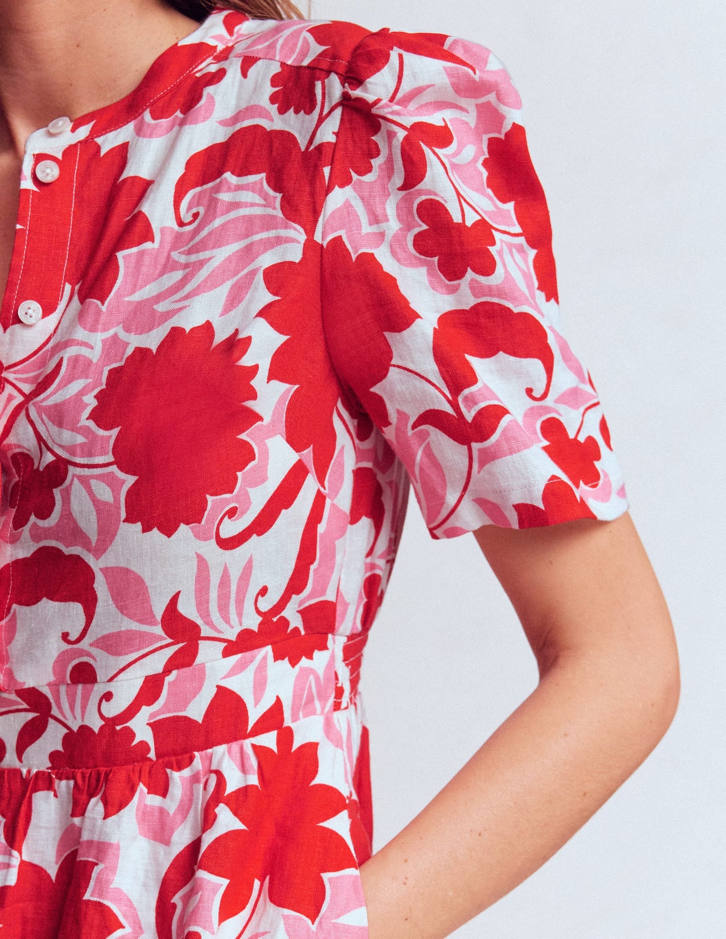 Ivy Button Linen Midi Dress-Red Shadow Blossom