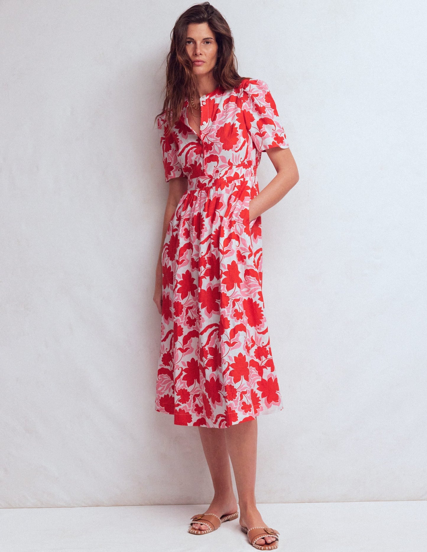 Ivy Button Linen Midi Dress-Red Shadow Blossom