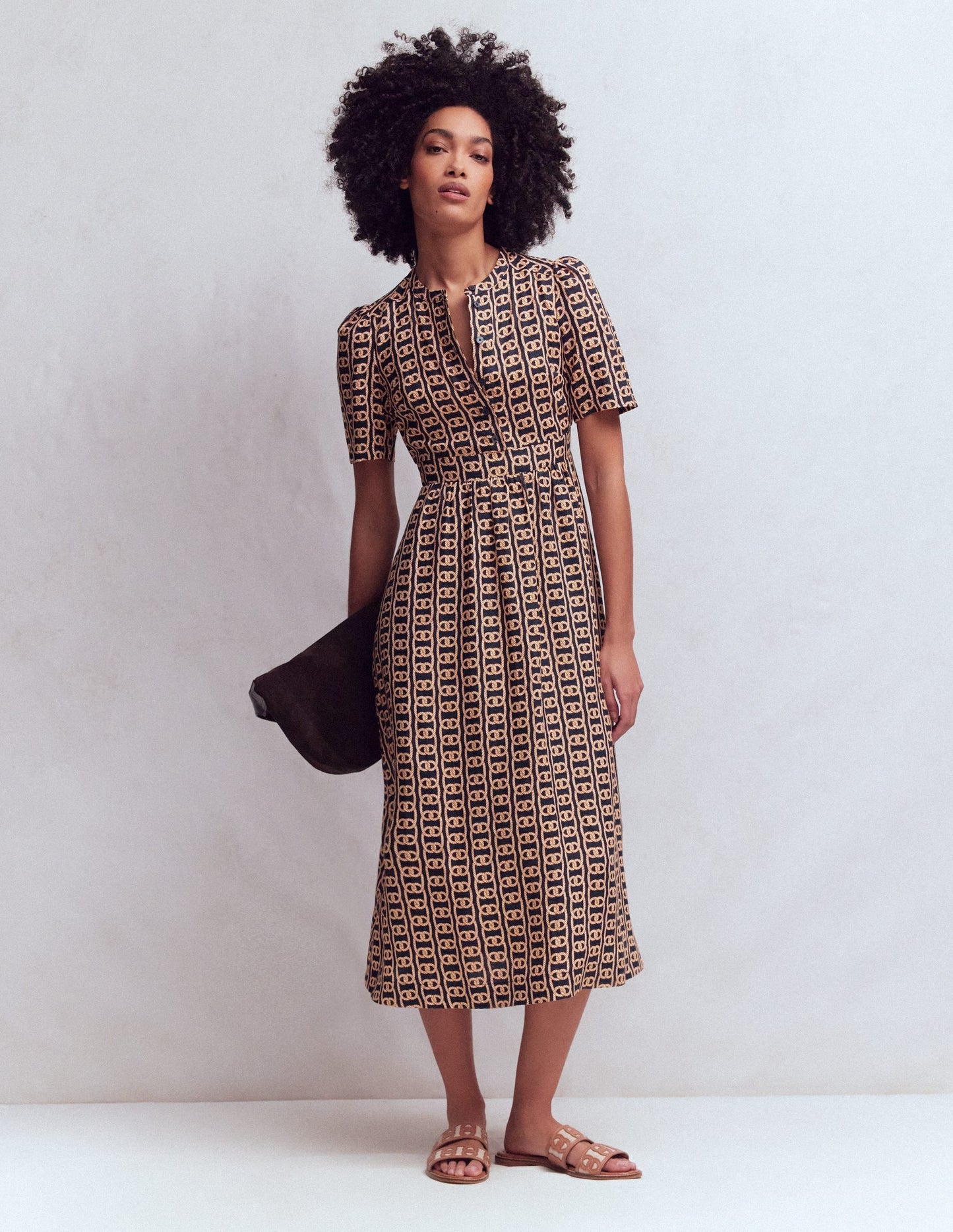 Ivy Button Linen Midi Dress-French Navy, Rope Trellis