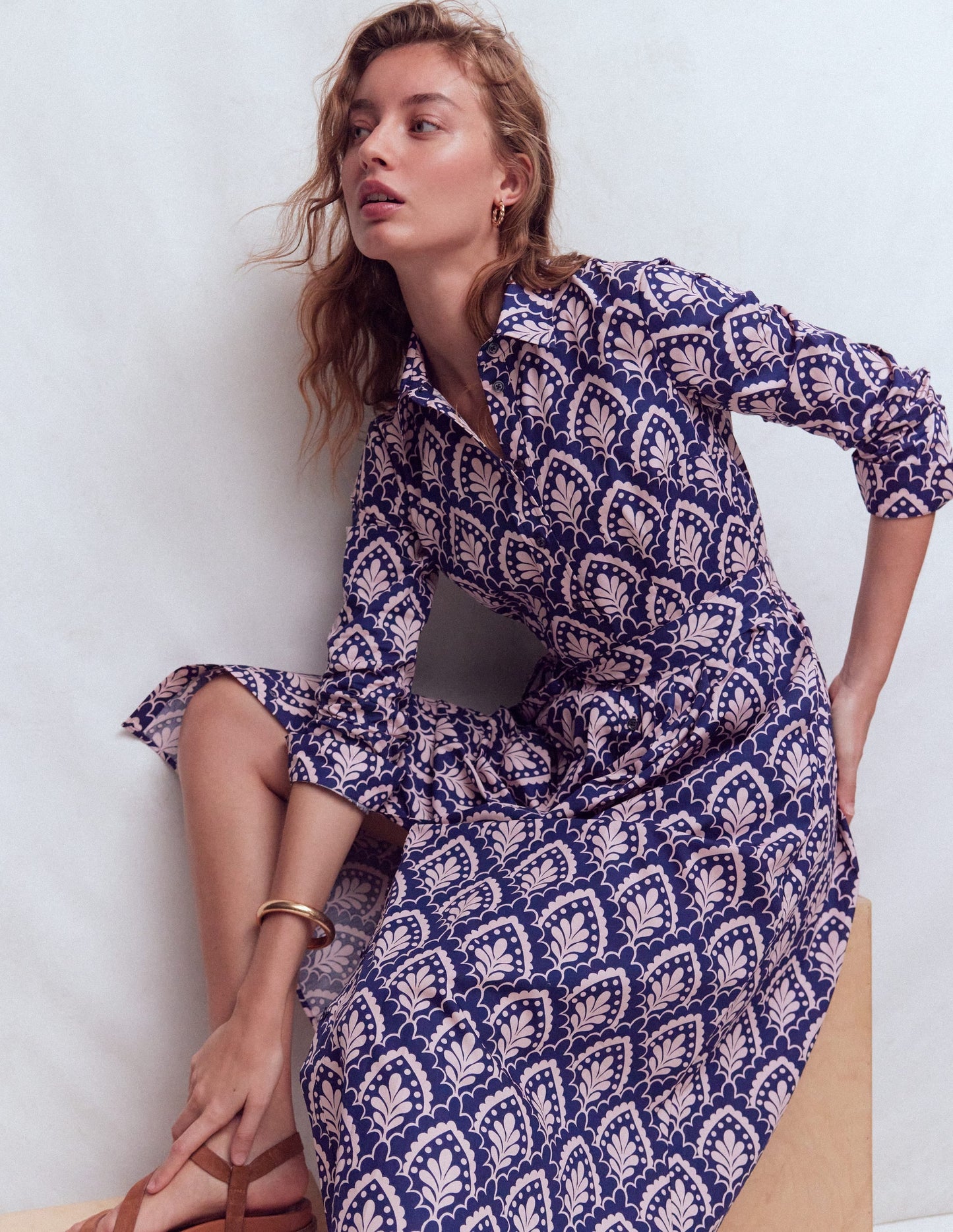 Alexa Cotton Midi Shirt Dress-Navy Petal Terrace