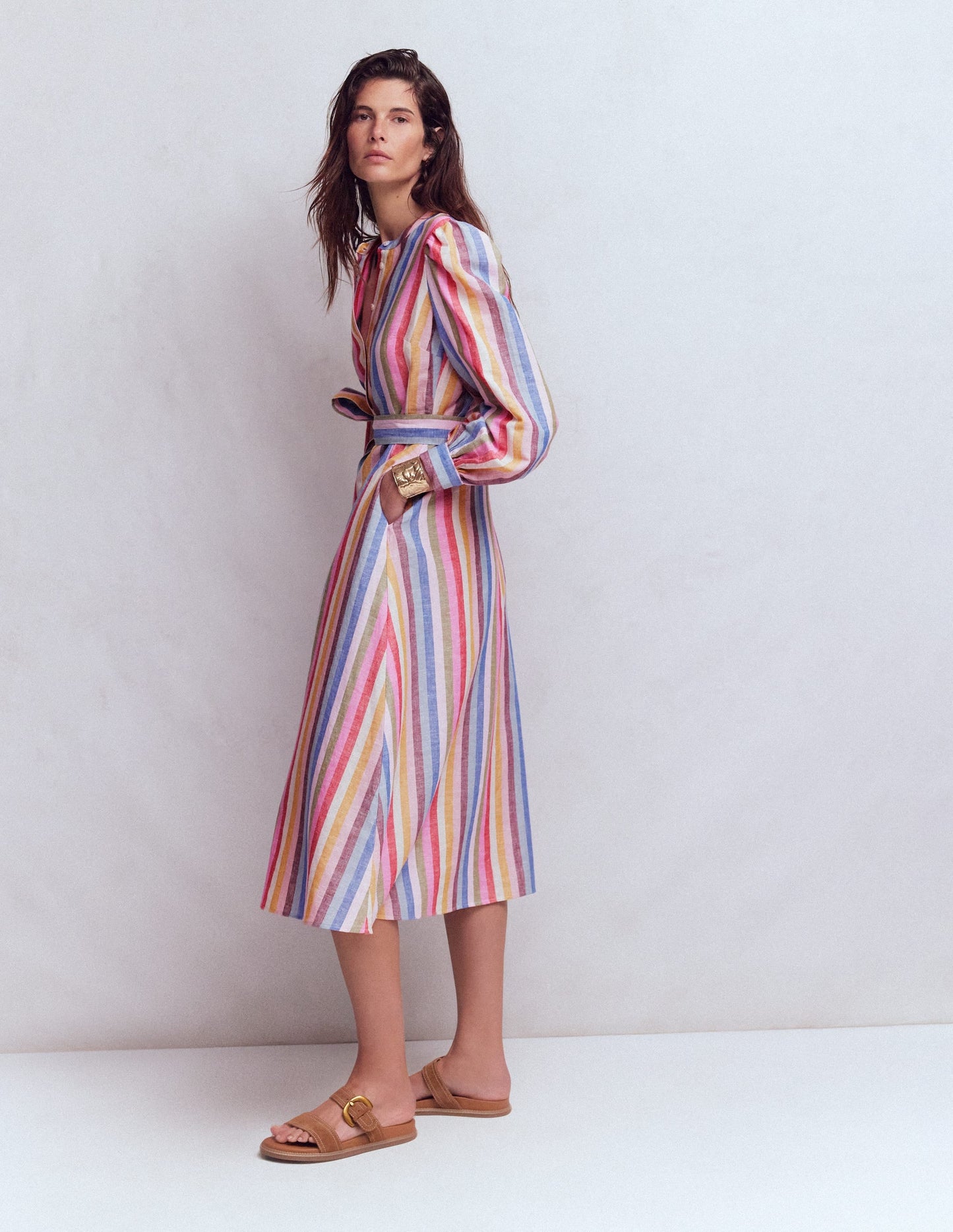 Ava Linen Blend Midi Dress-Pink, Green, Purple Multi