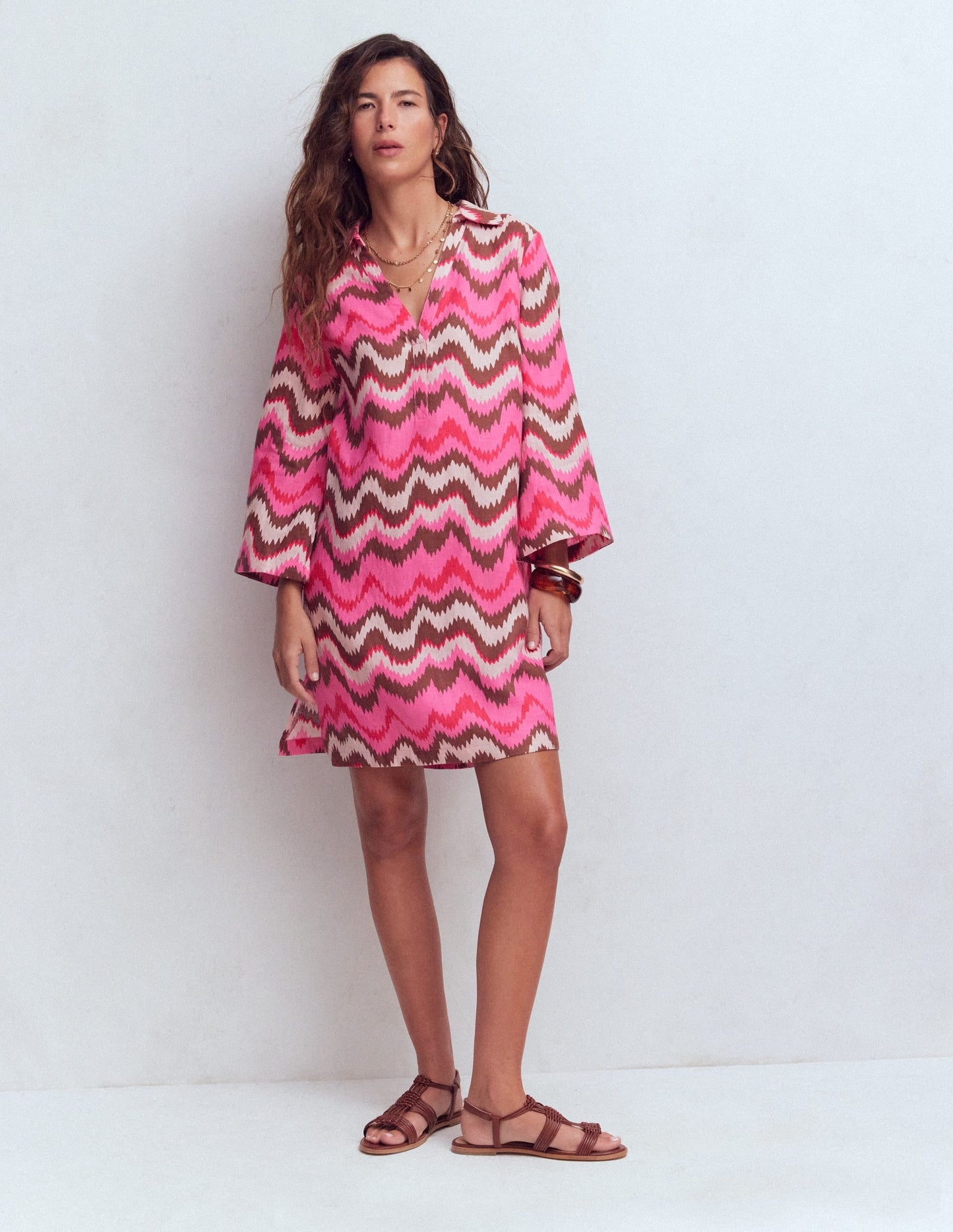 Carmen Linen Short Dress-Pink, Zig Zag Wave