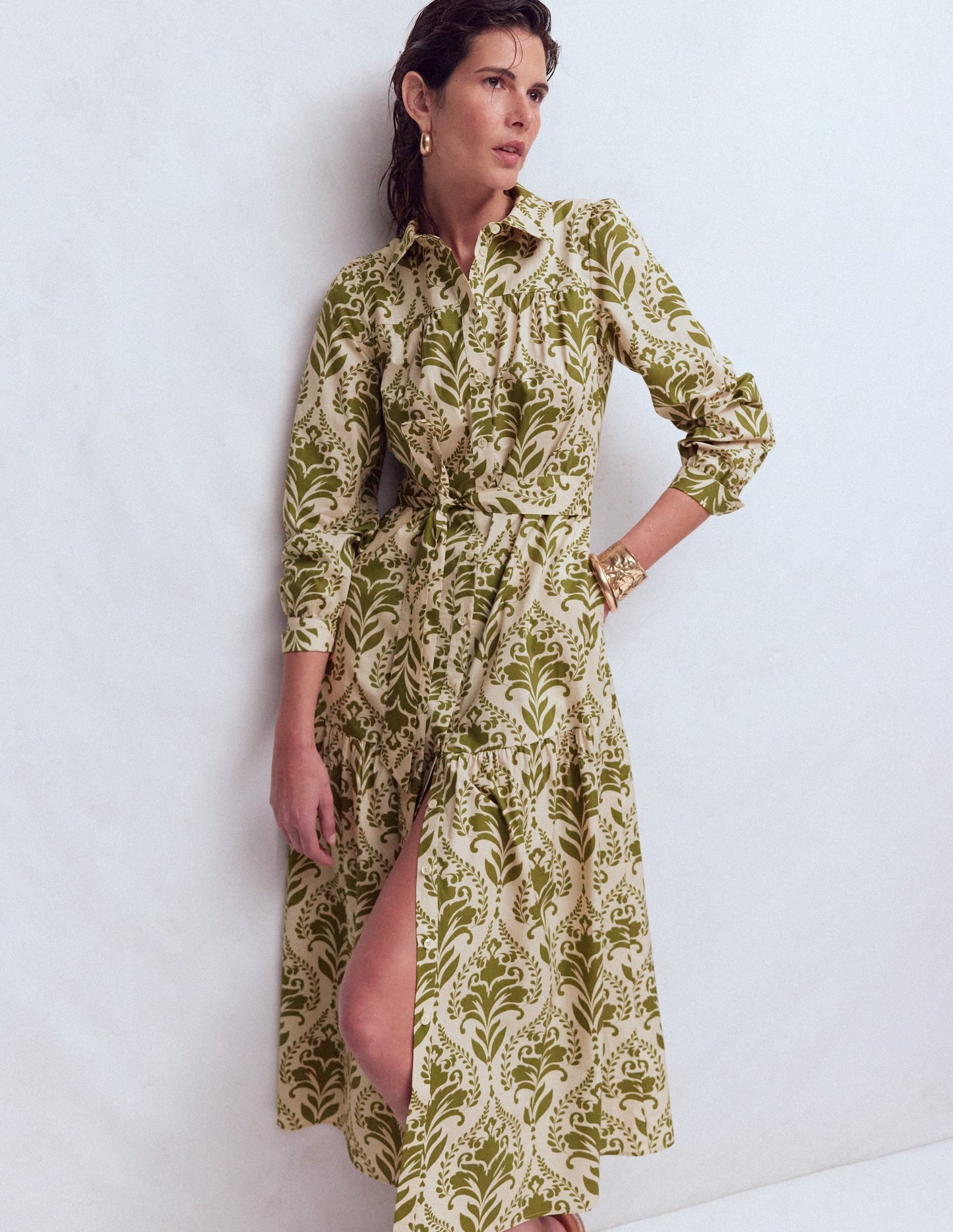 Ellie Cotton Maxi Shirt Dress-Green Decorative Lattice