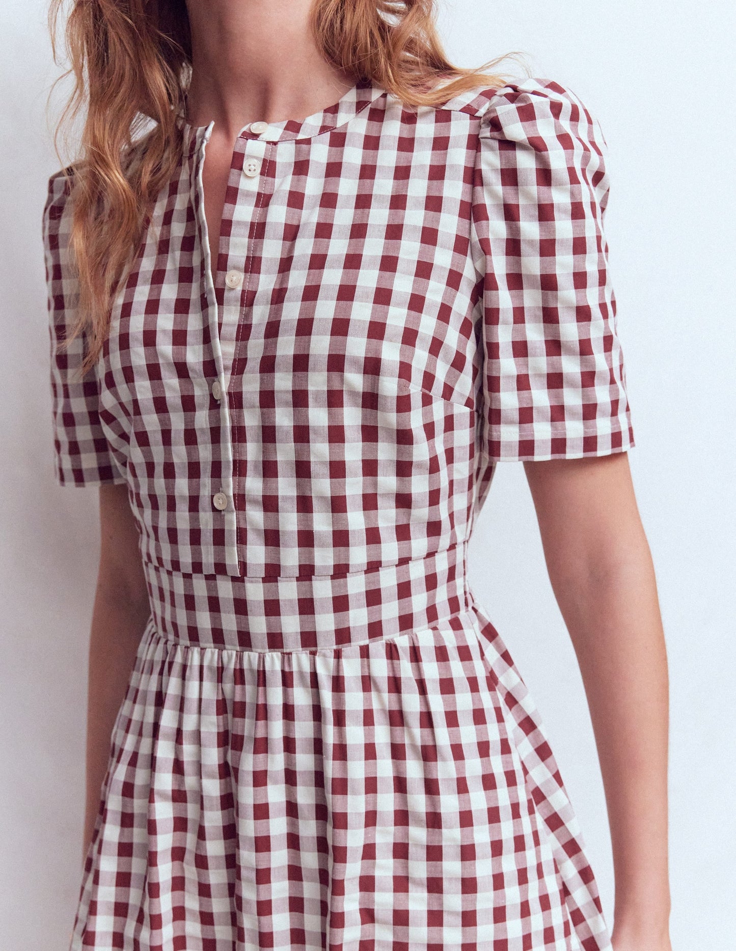 Ivy Button Cotton Midi Dress-Gingham