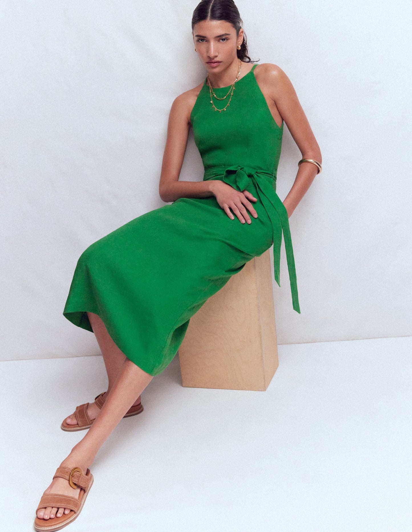 Rosa Halter Linen Midi Dress-Amazon Green