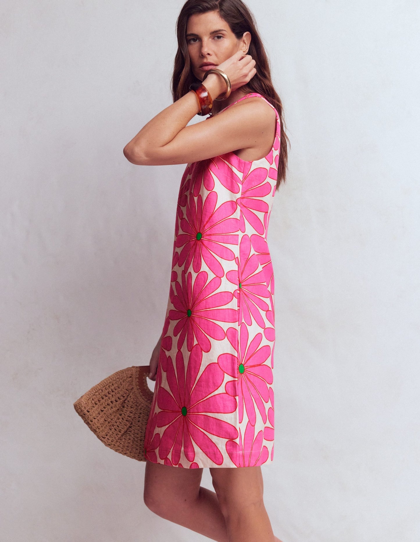 Linen Shift Dress-Pink, Daisy Blossom