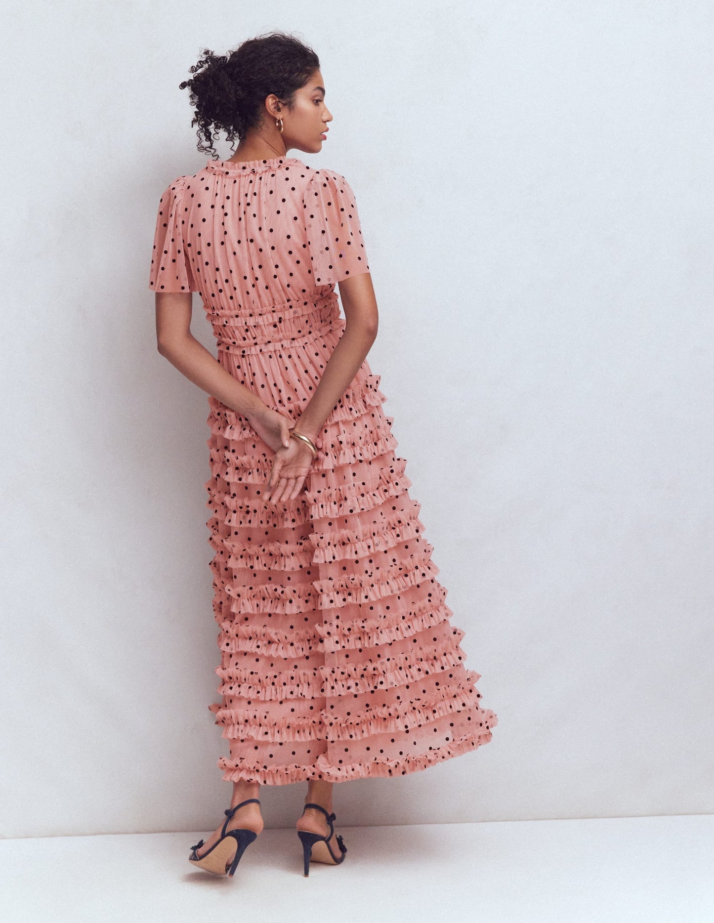 V-neck Ruffle Tulle Dress-Ivory Black Spot
