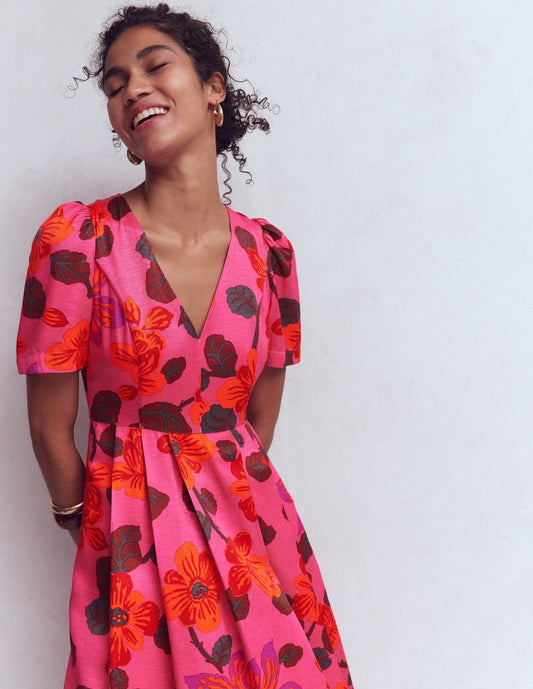 Pleat V-neck Dress-Pink, Elaborate Blossom