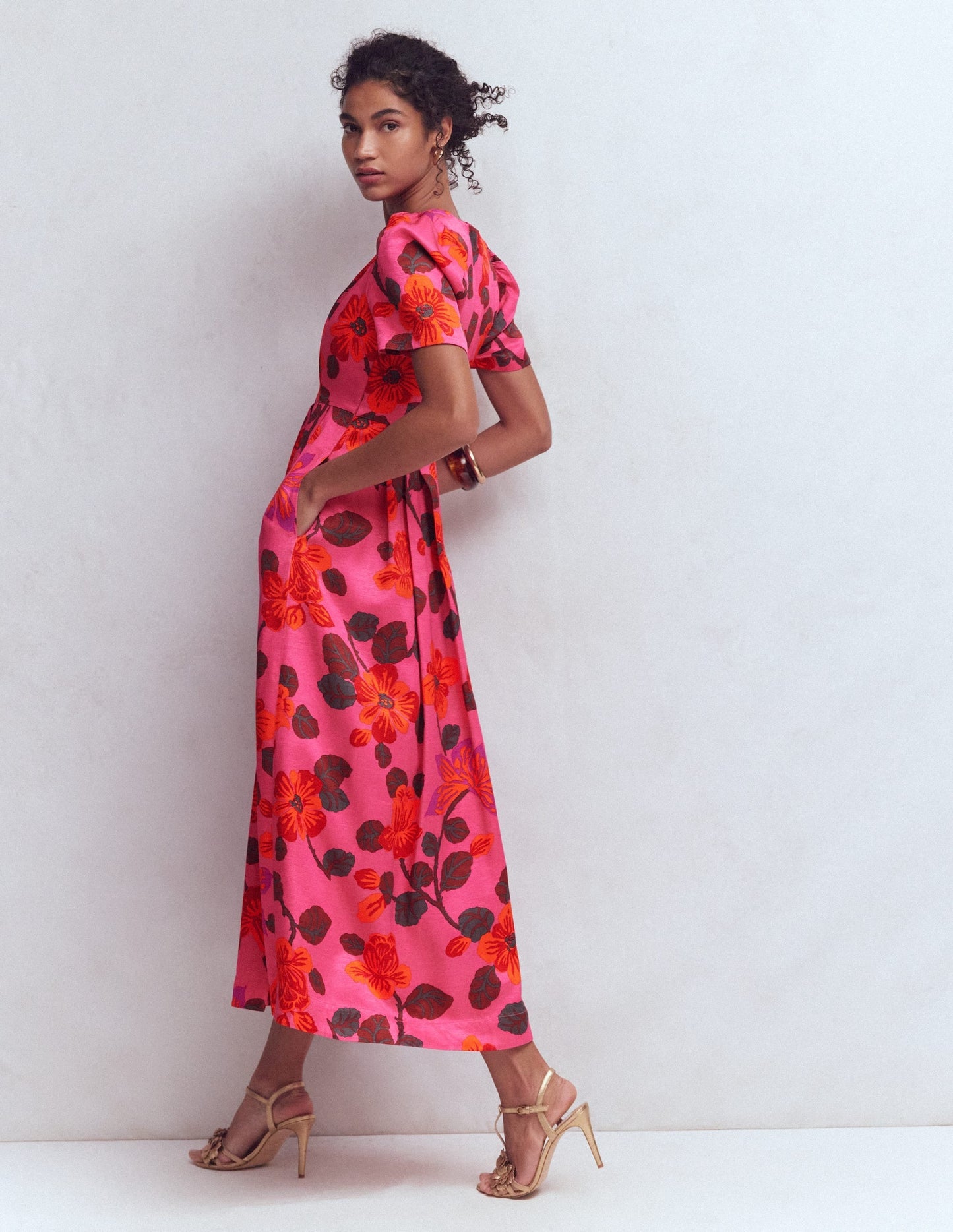 Pleat V-neck Dress-Pink, Elaborate Blossom