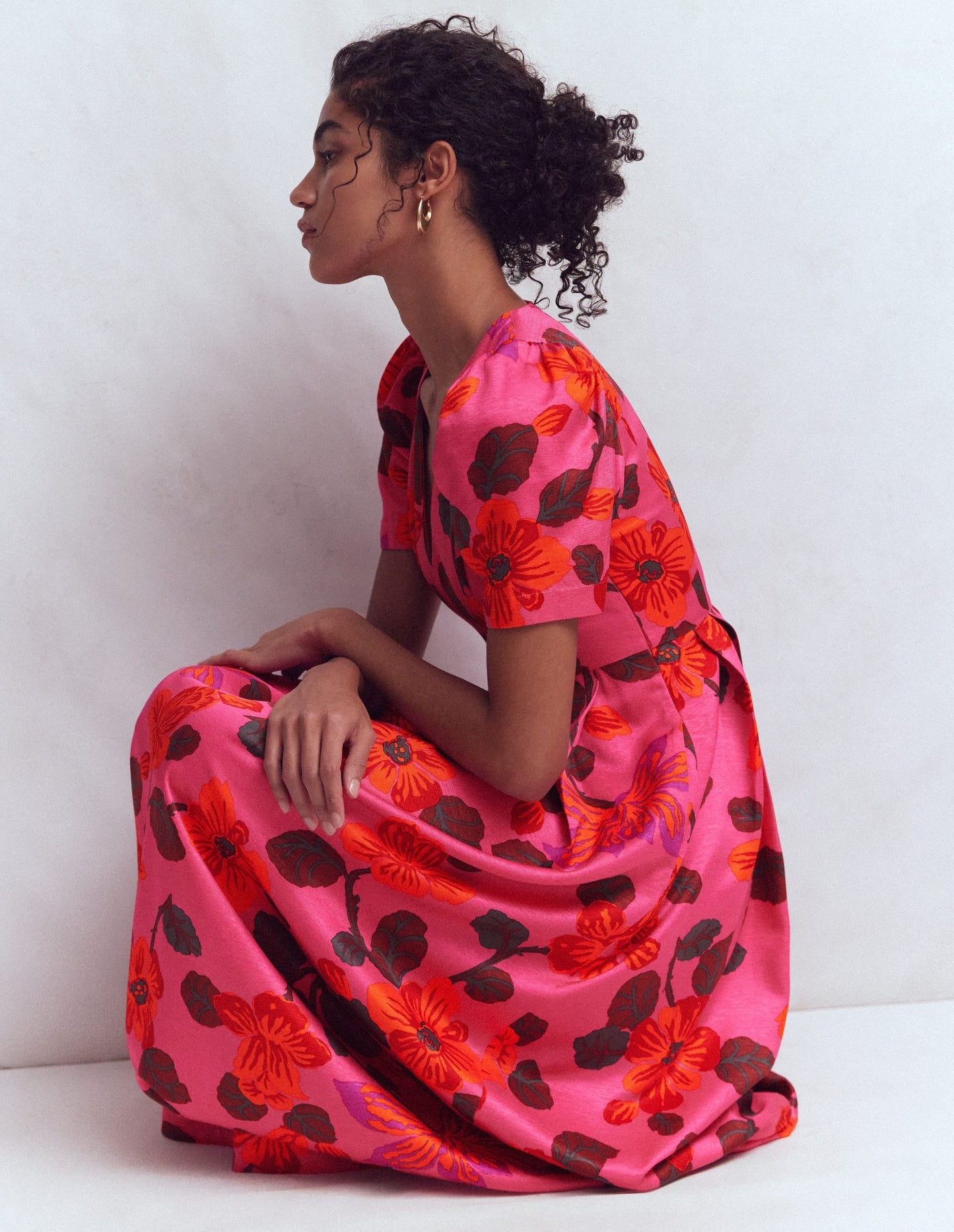 Pleat V-neck Dress-Pink, Elaborate Blossom