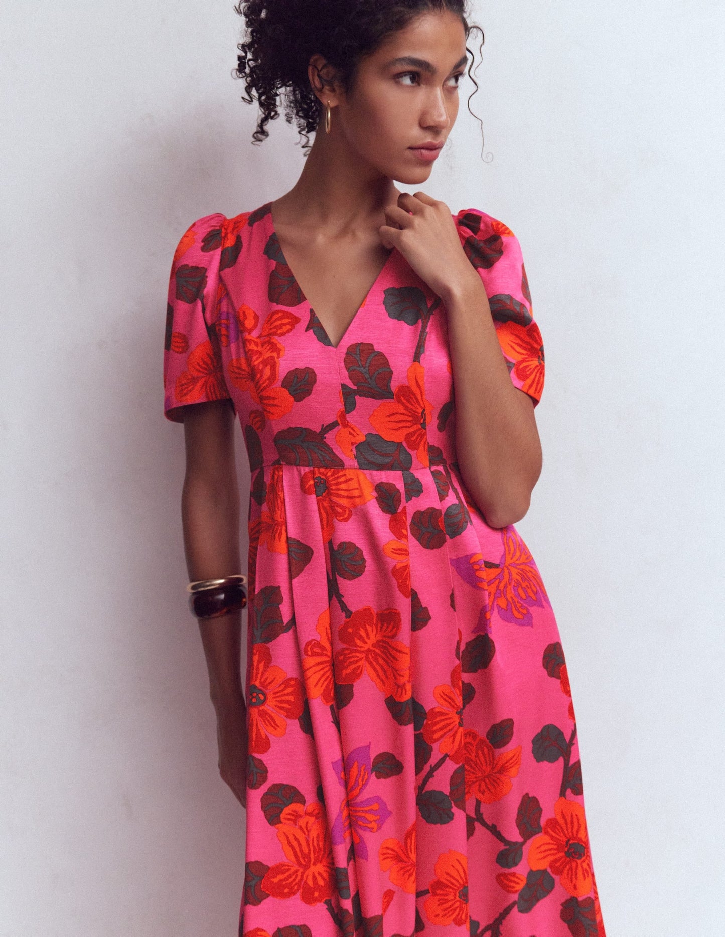Pleat V-neck Dress-Pink, Elaborate Blossom