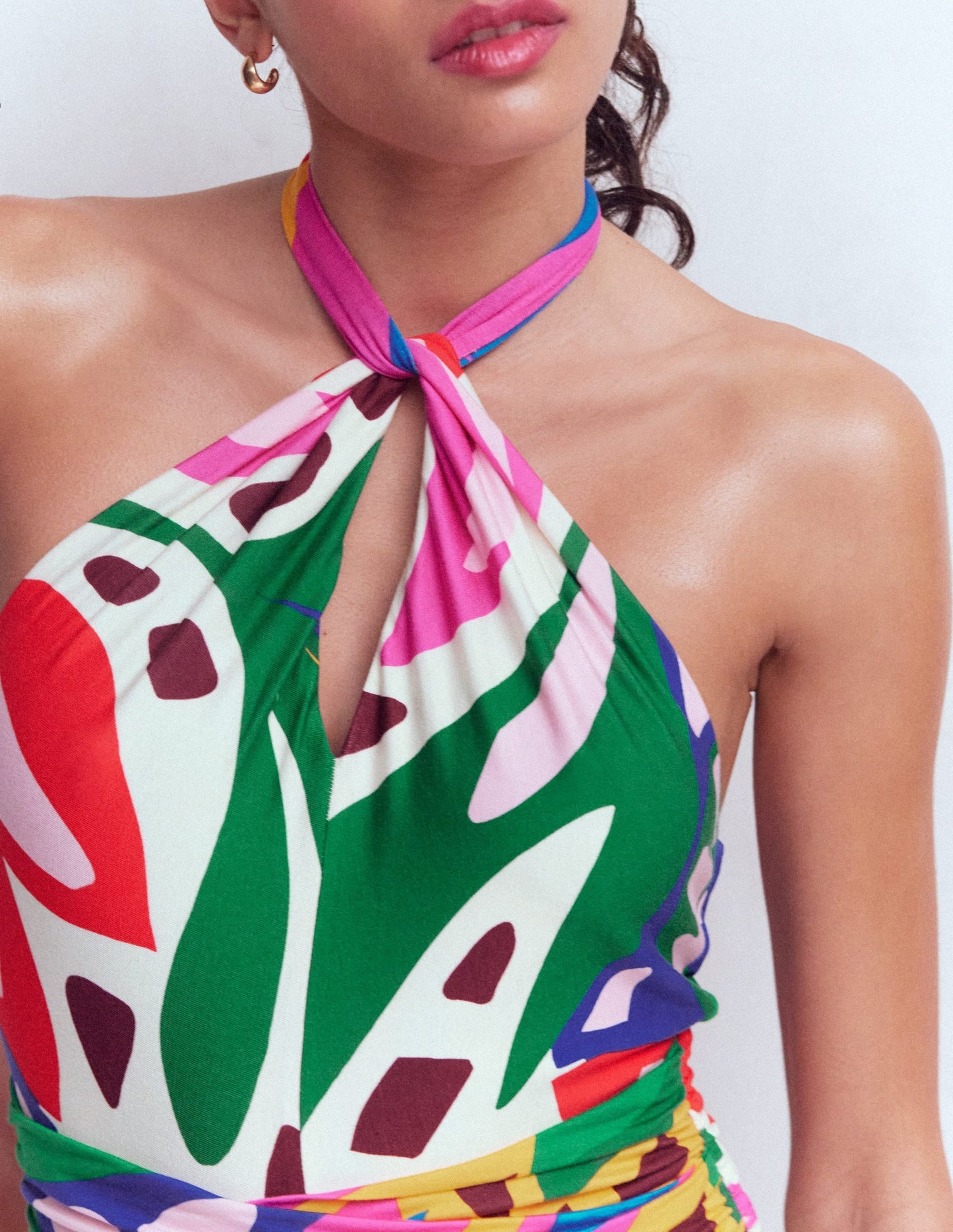 Sydney Twist Neck Jersey Dress-Multi, Leafy Cascade