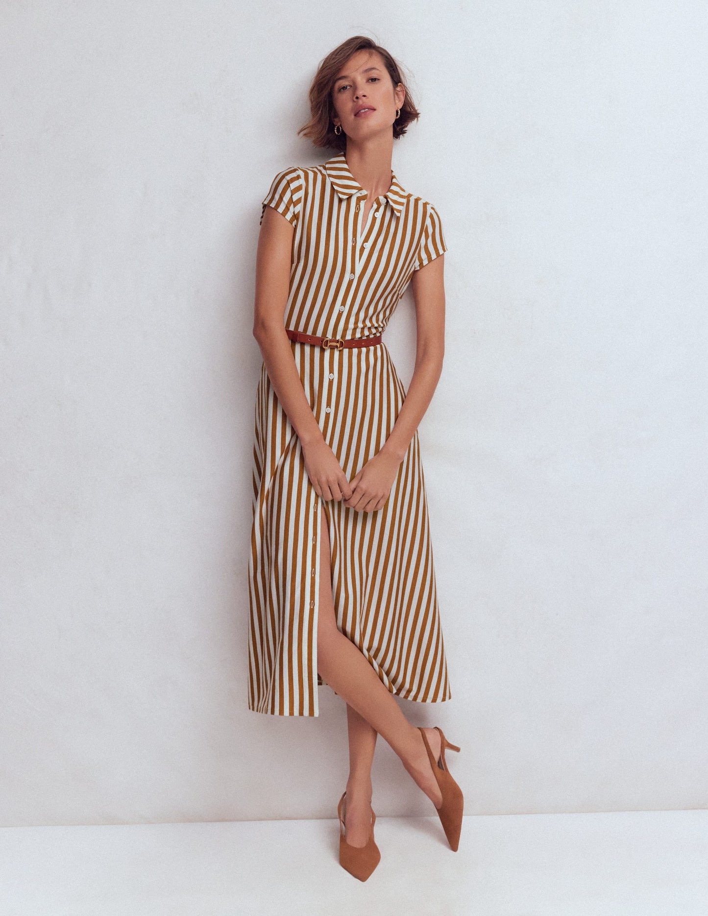 Marcia Jersey Shirt Dress-Cognac and Ivory Stripe