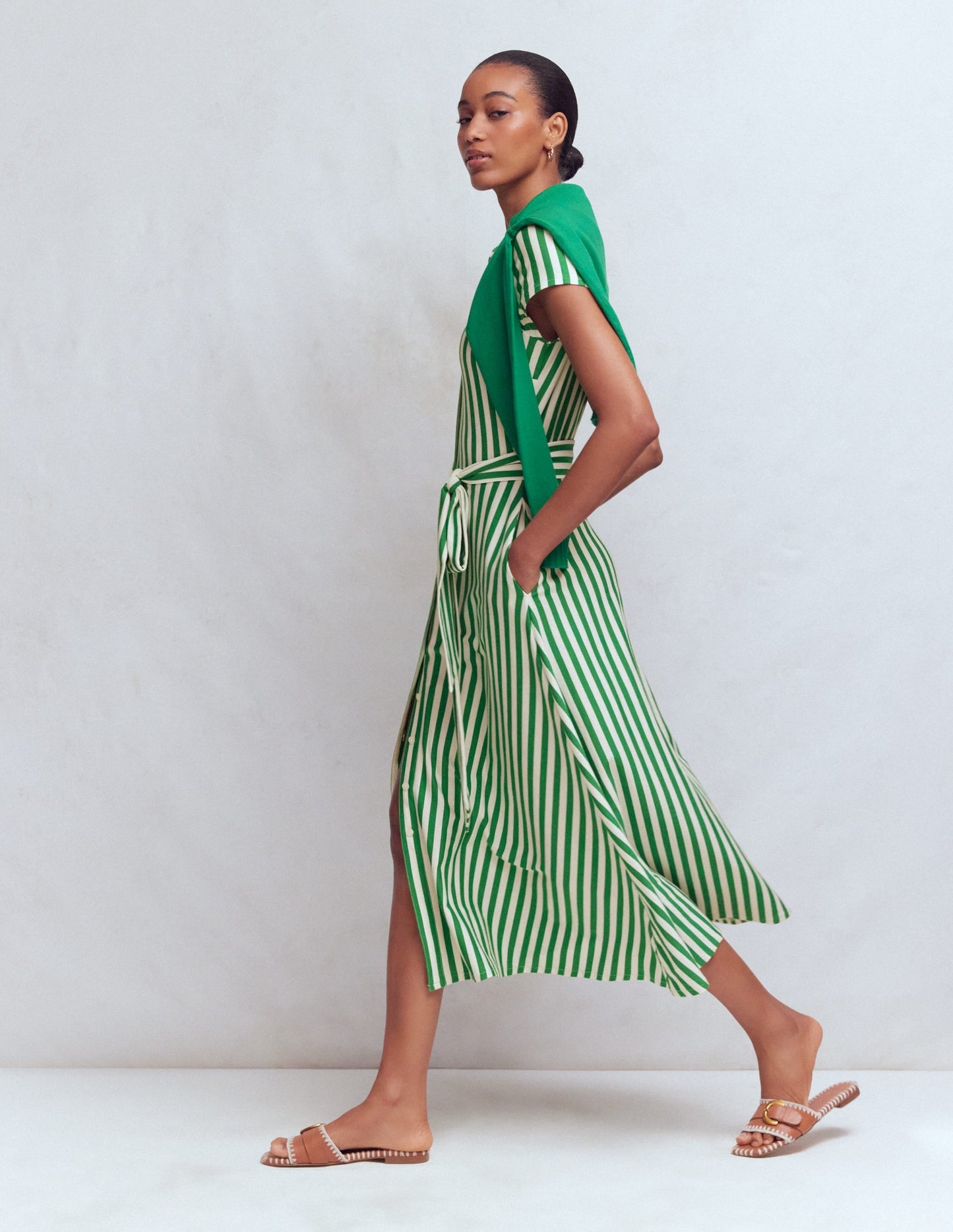 Marcia Jersey Shirt Dress-Green and Ivory Stripe