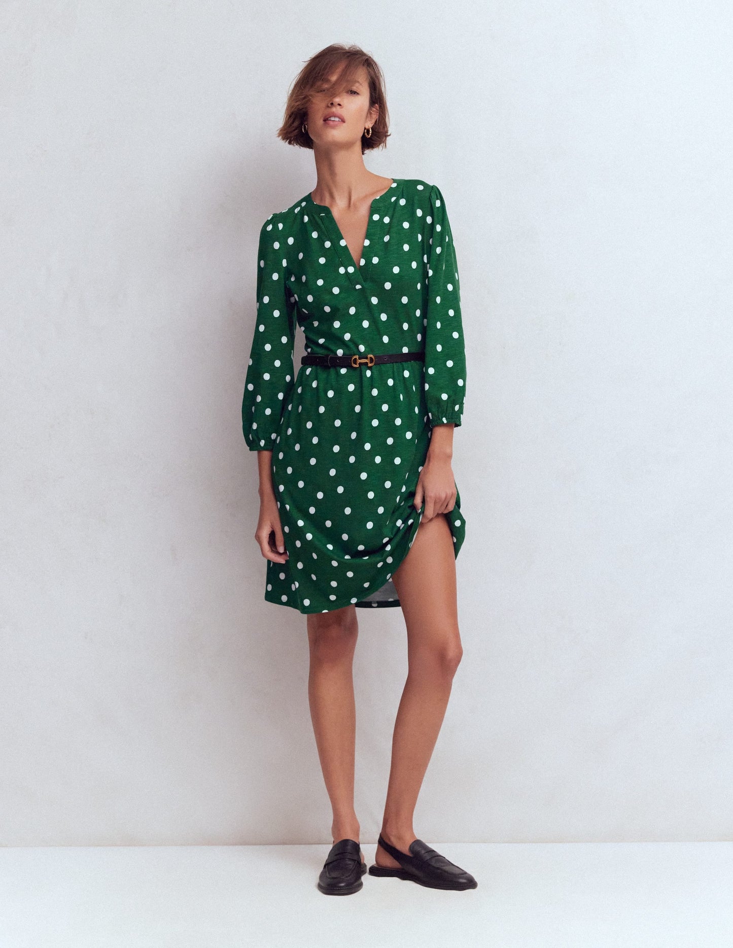 Cathy Notch Neck Jersey Dress-Hunter Green, Painted Dot