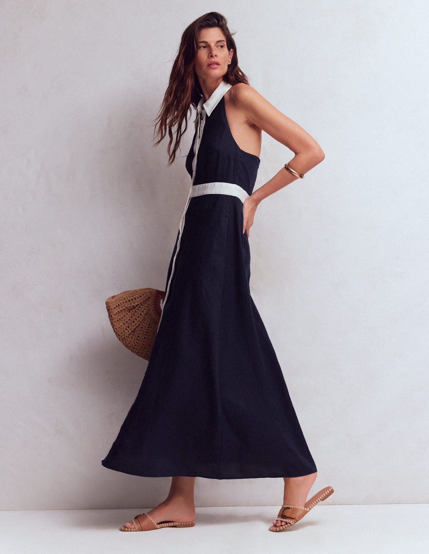 Halter Linen Blend Maxi Dress-Navy Ivory
