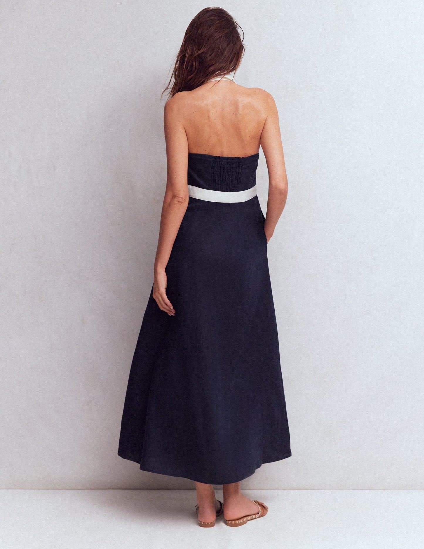 Halter Linen Blend Maxi Dress-Navy Ivory
