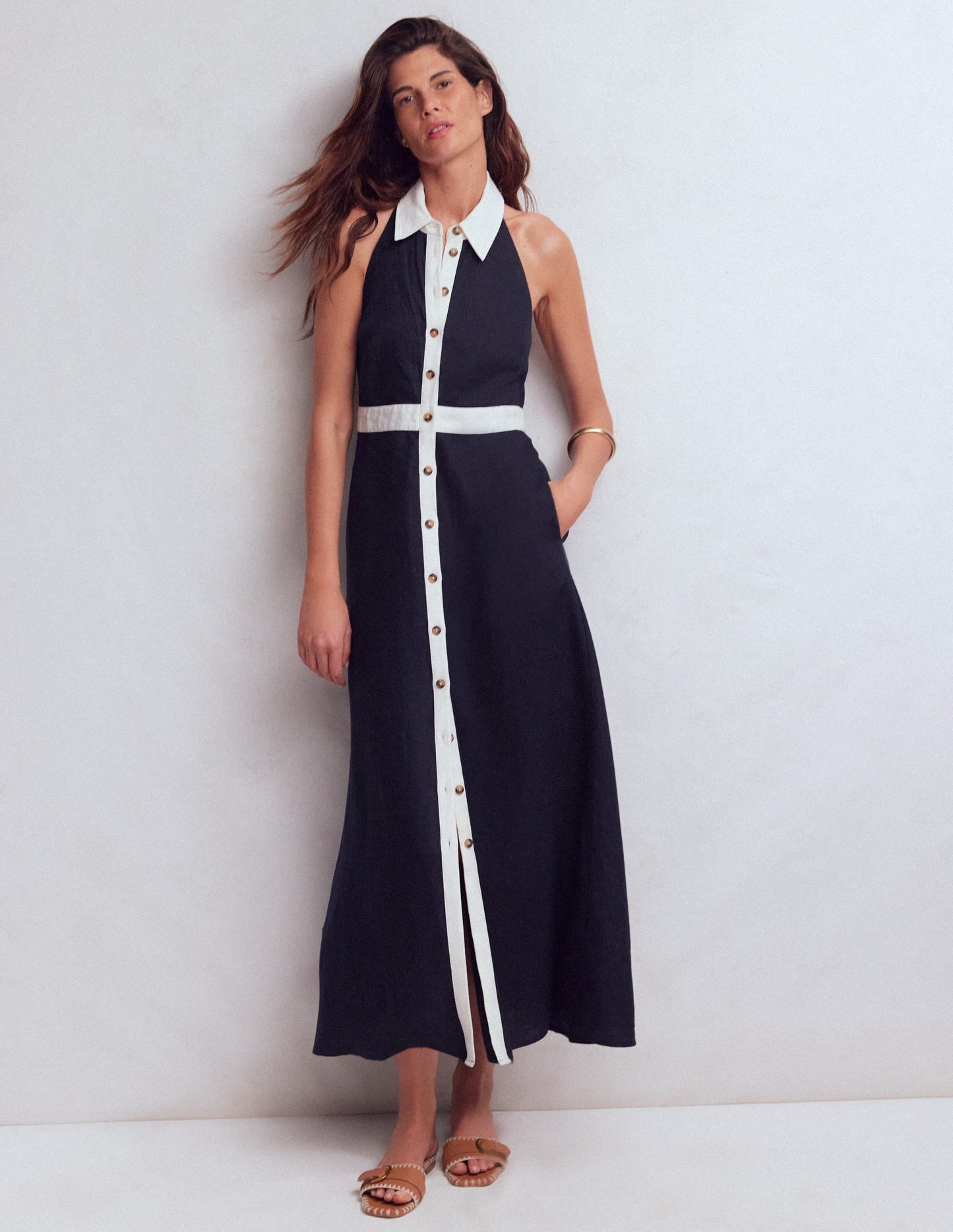 Halter Linen Blend Maxi Dress-Navy Ivory